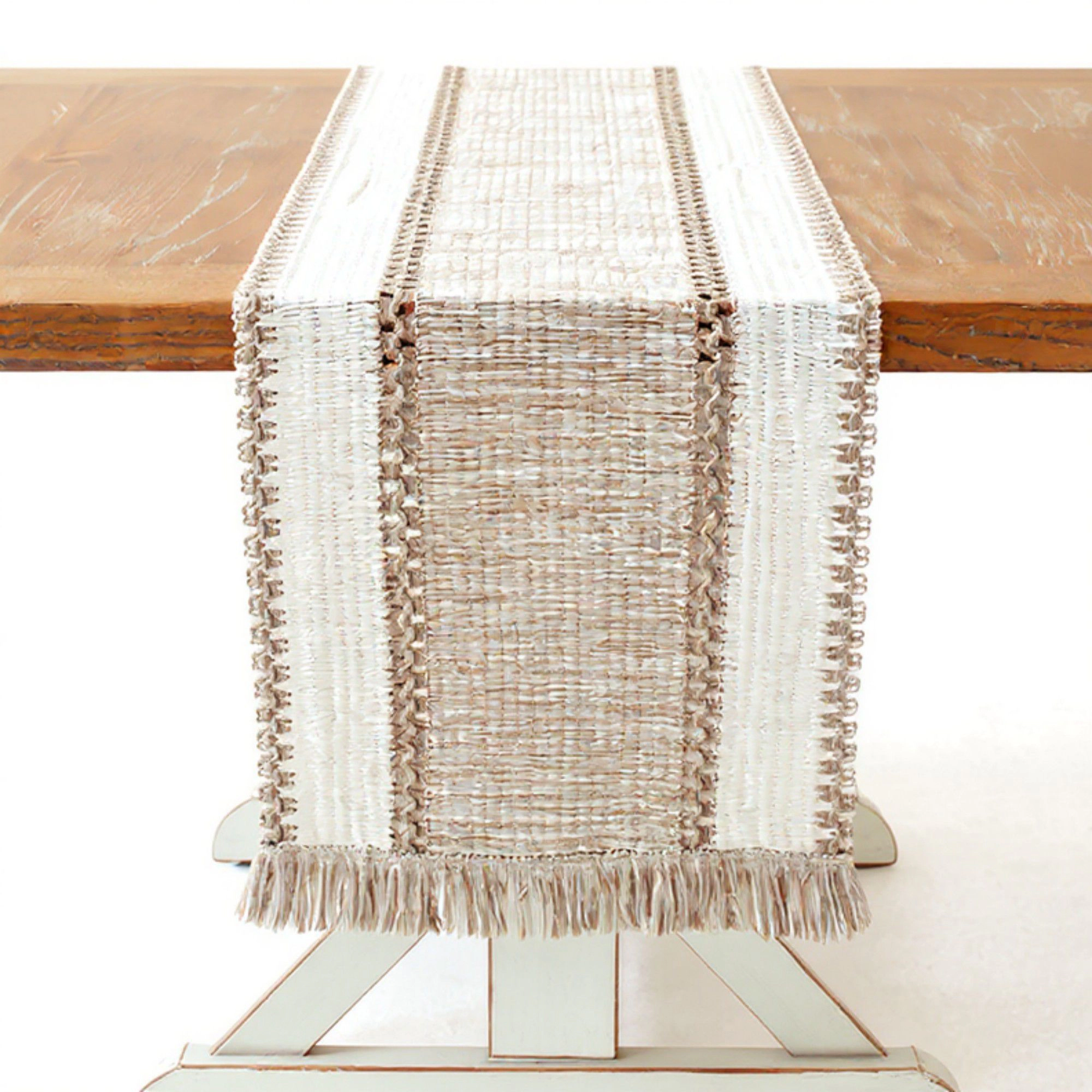 Alilang Women Textured Woven Table Runner with Fringe Trim and Neutral Stripe Pattern 47x11.8
