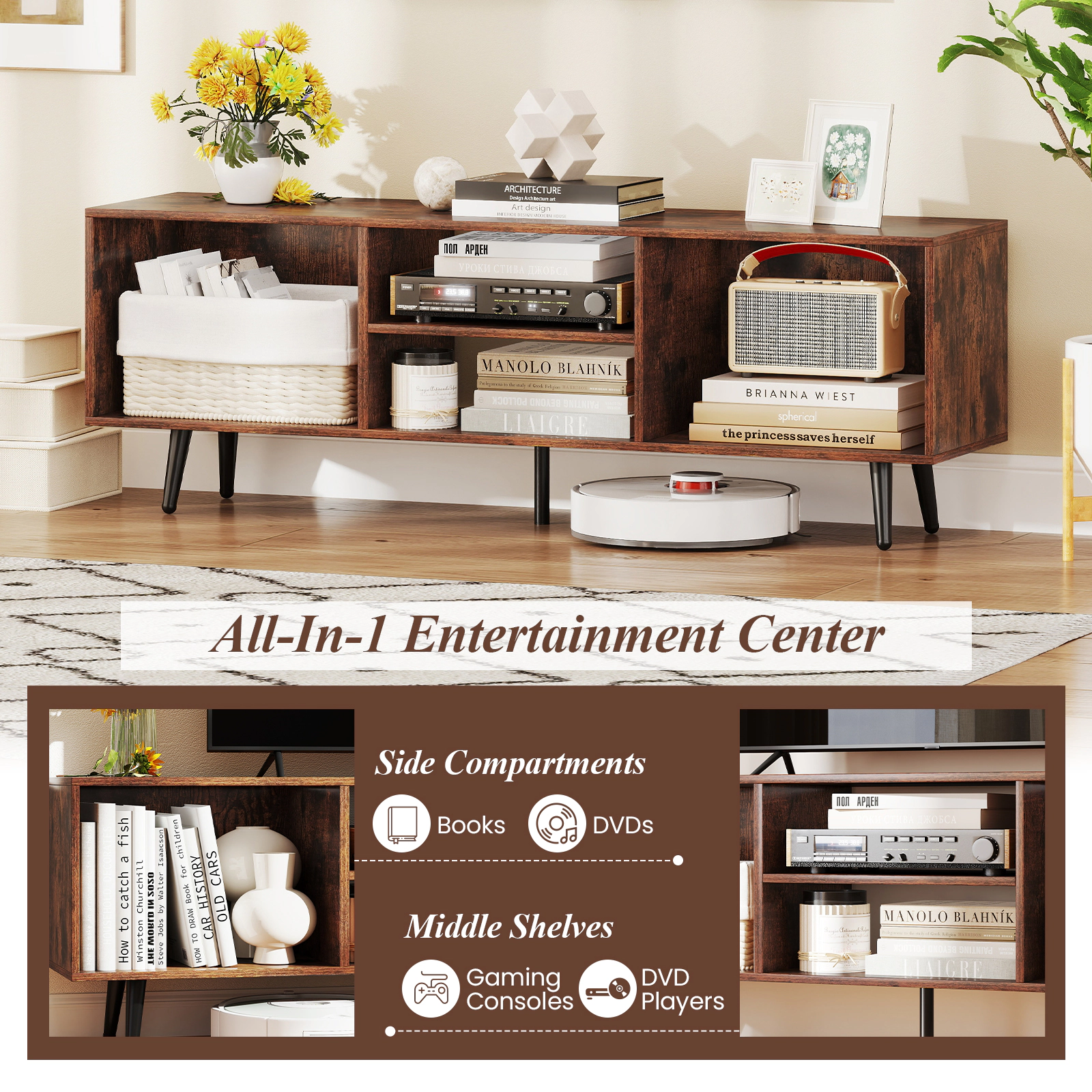 SUGIFT 47.5-in TV Stand for 55-Inch TV with Compartments and Metal Legs 132-lb Countertop Capacity Rustic Brown & Black