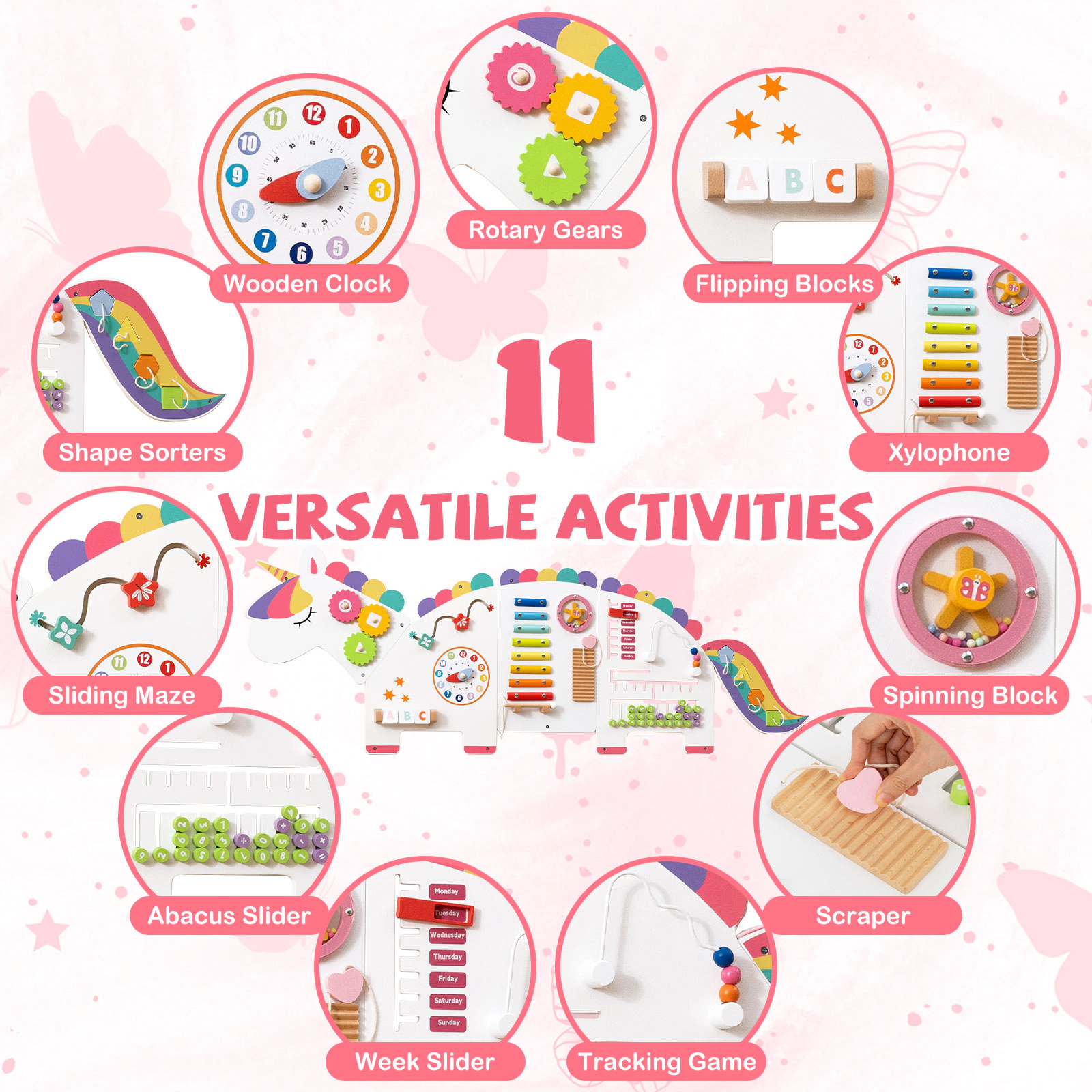 SUGIFT 11-in-1 57-in Dinosaur Montessori Busy Board Wall Panel Set with Xylophone Clock and Abacus