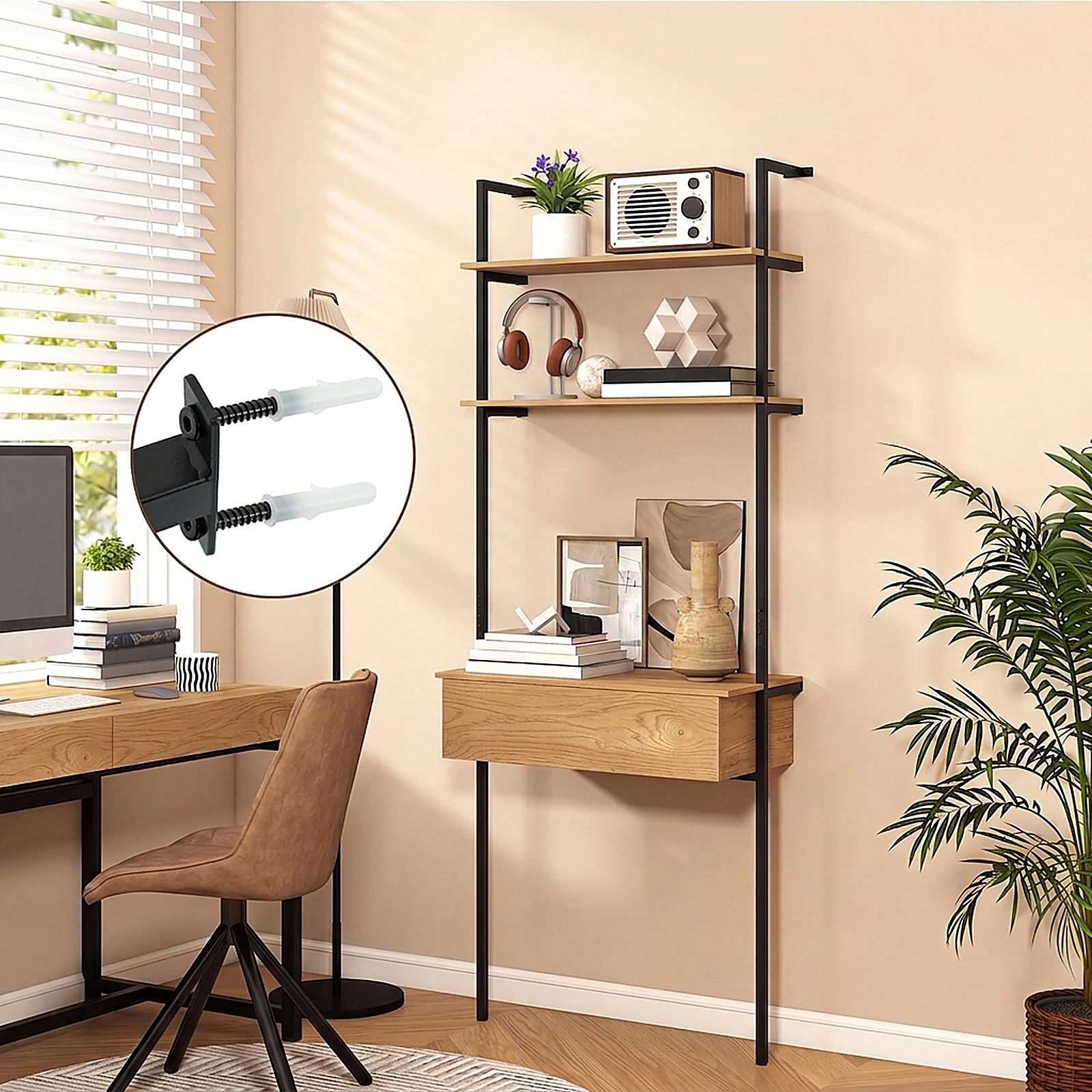 SUGIFT 73-in Tall 4-Tier 120-lb Capacity Natural Ladder Bookshelf with Drawer and Metal Frame Anti-Tipping Kits