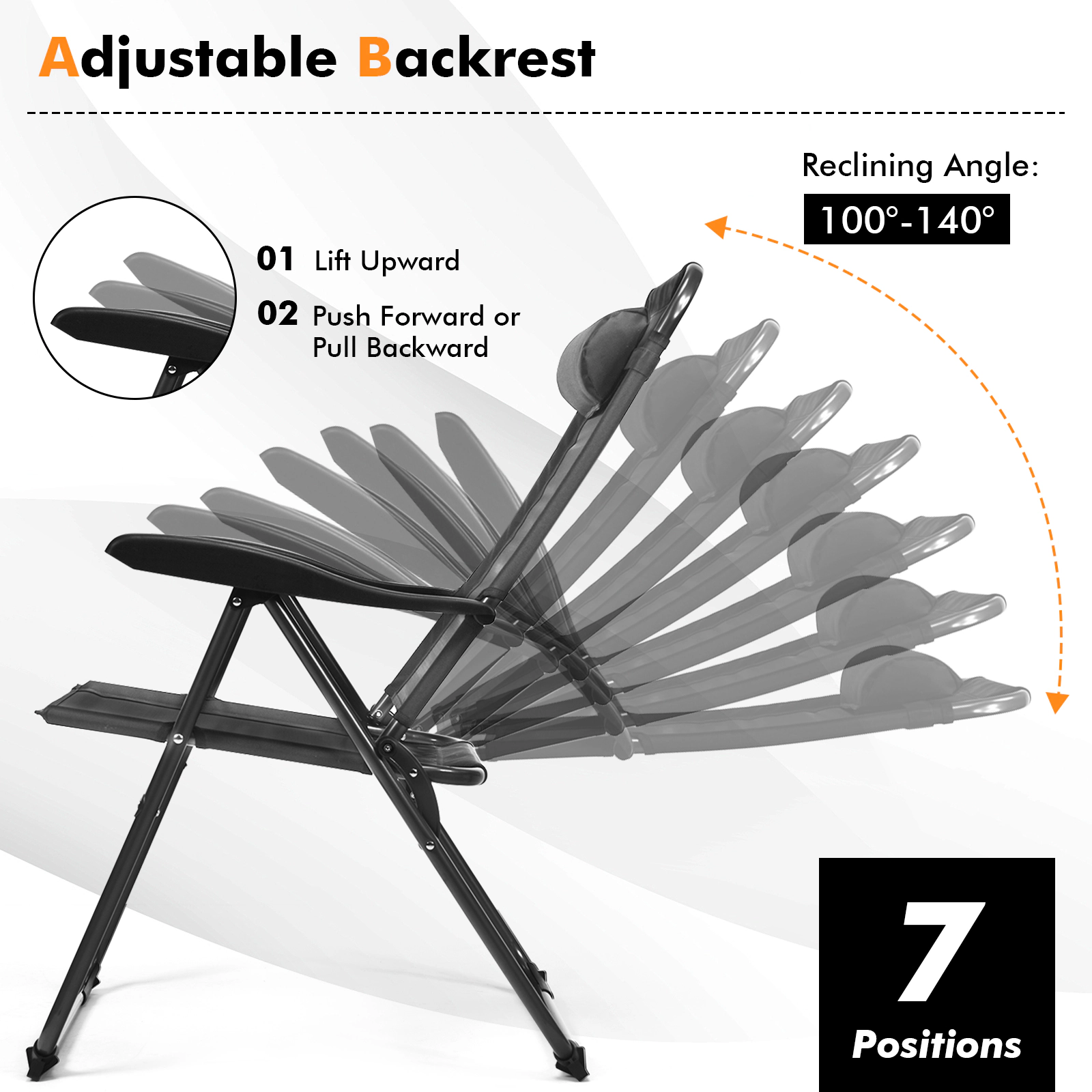SUGIFT Set of 2 Folding Recliner Chairs Gray with 7 Level Adjustable Backrest and Mesh Panel