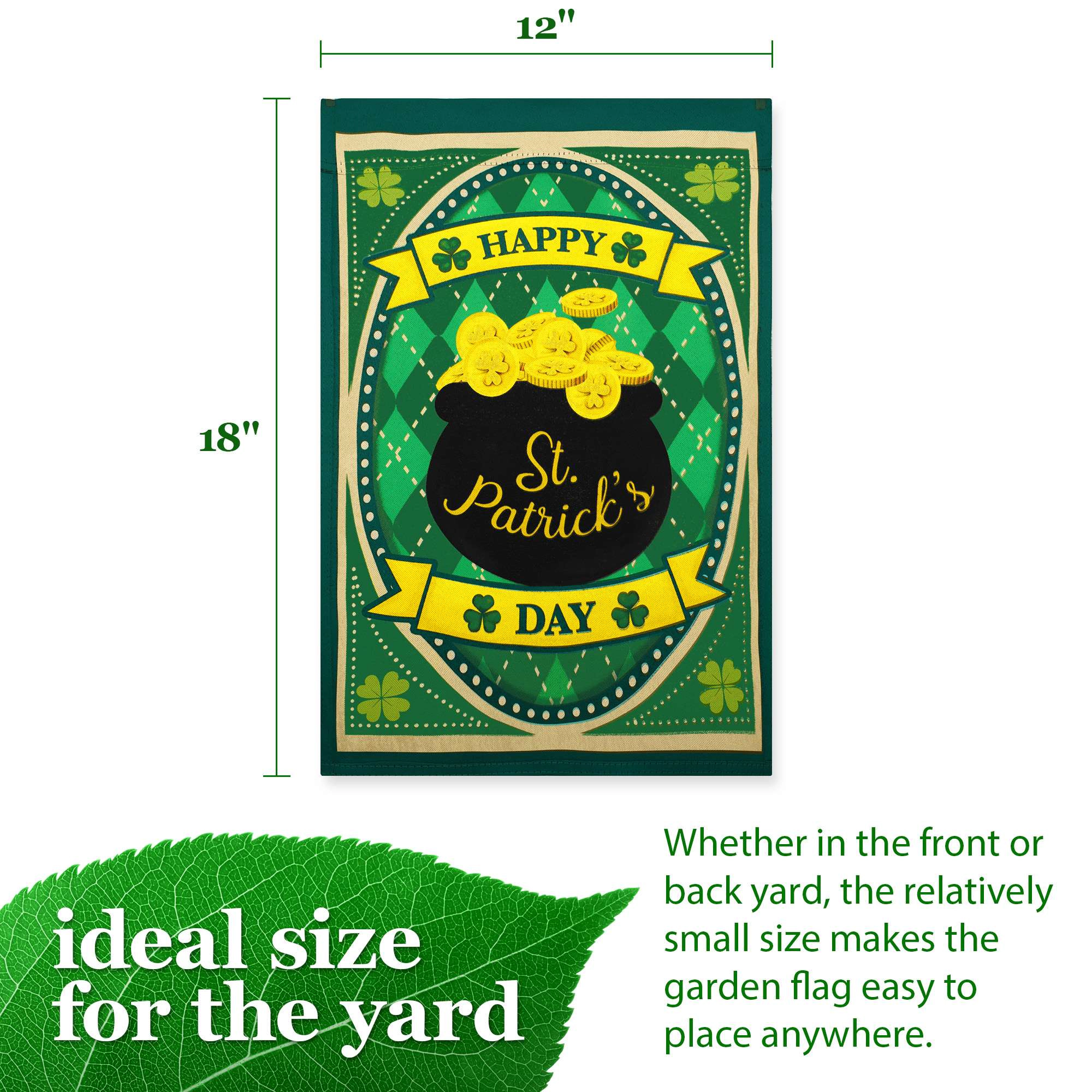 G128 St. Patrick's Day Pot of Gold Garden Flag 12x18 in - Double-Sided, Weather-Resistant