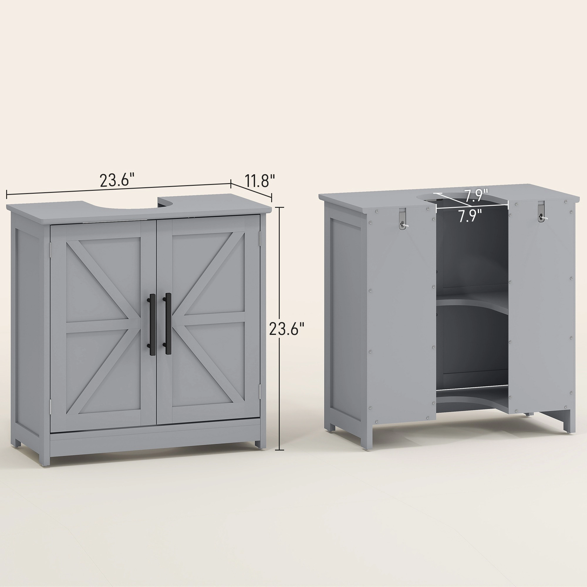 HONGGE Farmhouse Pedestal Sink Storage Cabinet Bathroom with 2 Barn Doors and Adjustable Shelf Gray