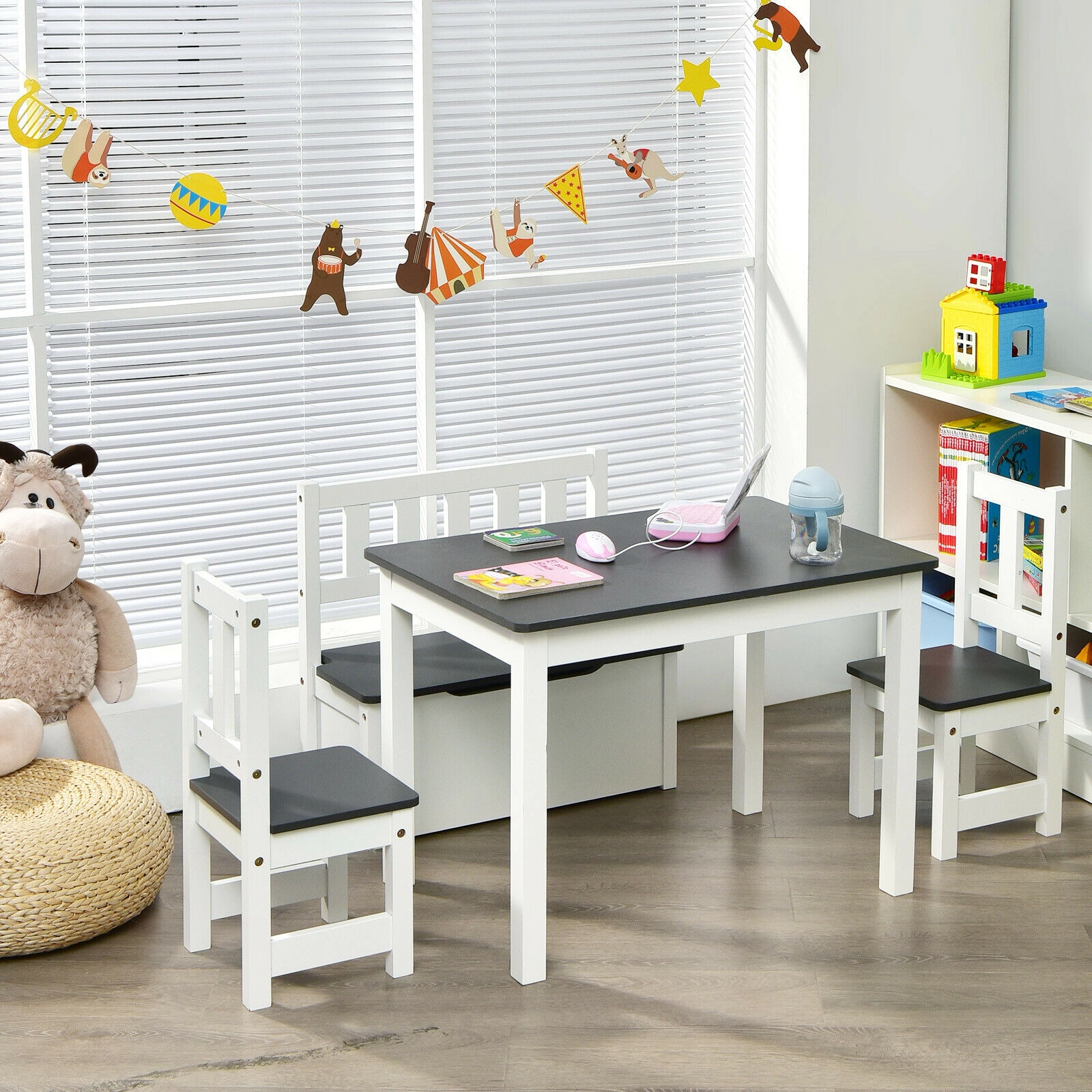 4-Piece Kids Table and Chairs Set Wooden Toddler Activity Table with 2 Backrest Chairs and Lidded Storage Bench Gray