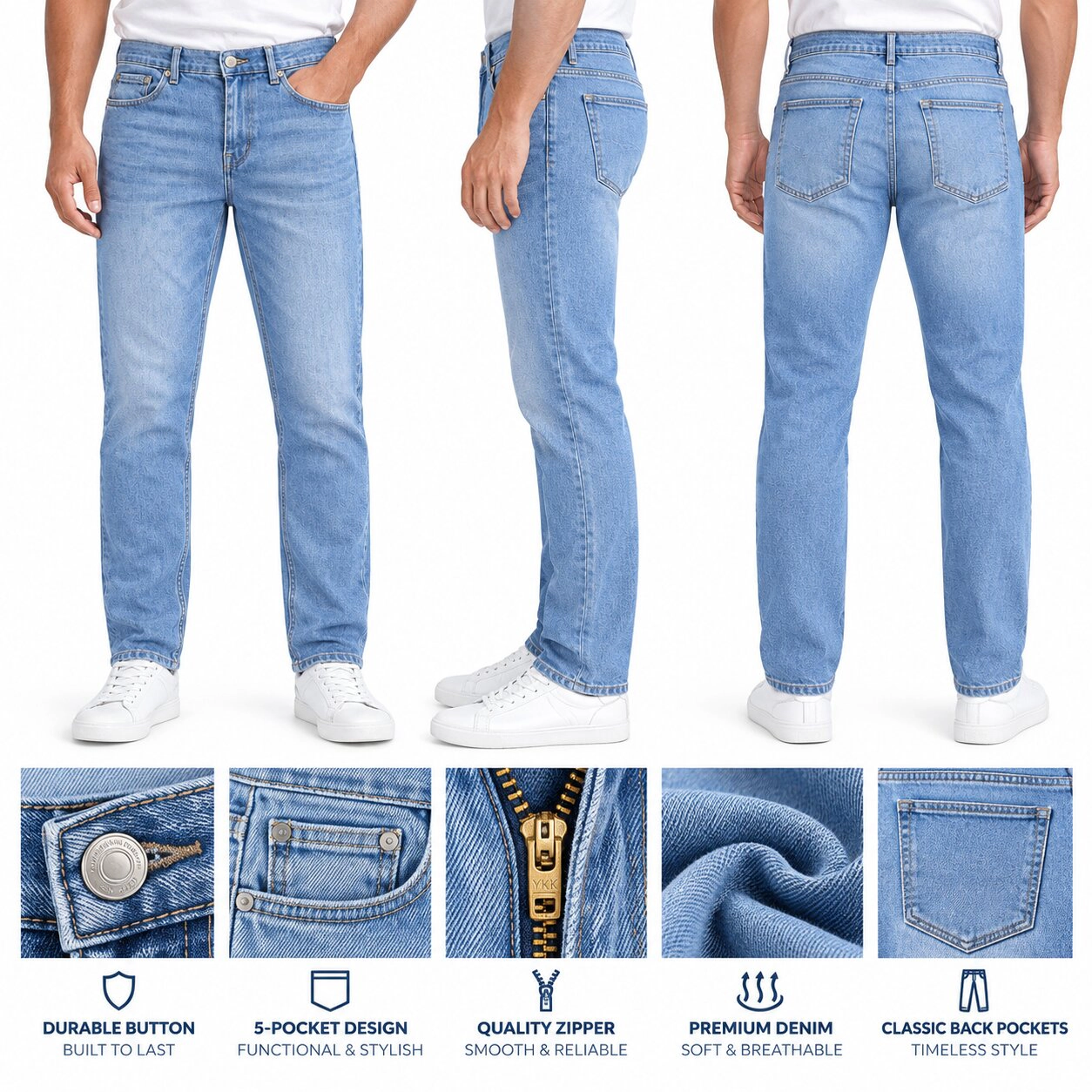 BenBen Men's Medium Stretch Slim Fit Denim Jeans, 3-Pack (Black, Blue, Navy)