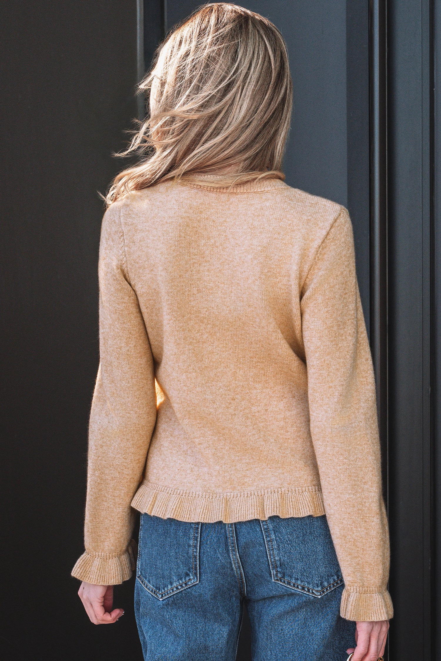 Threaded Pear Women's Yamileth Oatmeal Ruffle Trim Sweater