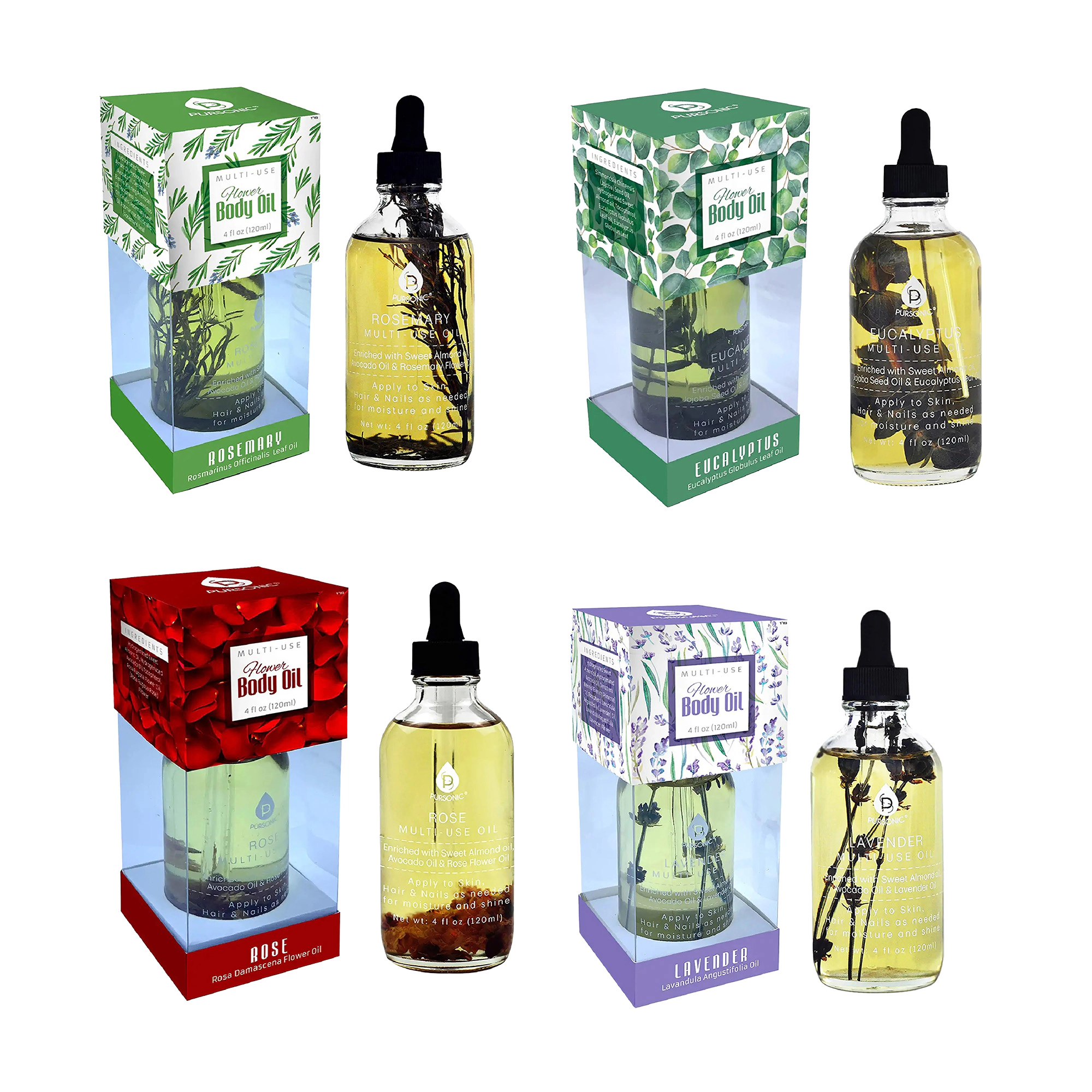 Pursonic Women's Floral Essence Multi-Use Body Oils Bundle (4 oz Each)