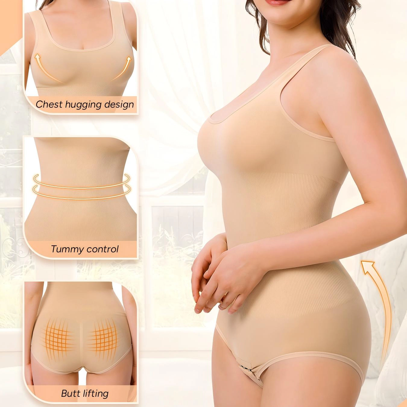 Nebility Womens One Pieces Seamless Bodysuit Round Neck Tummy Control Snap-Button Strip Down Shapewear