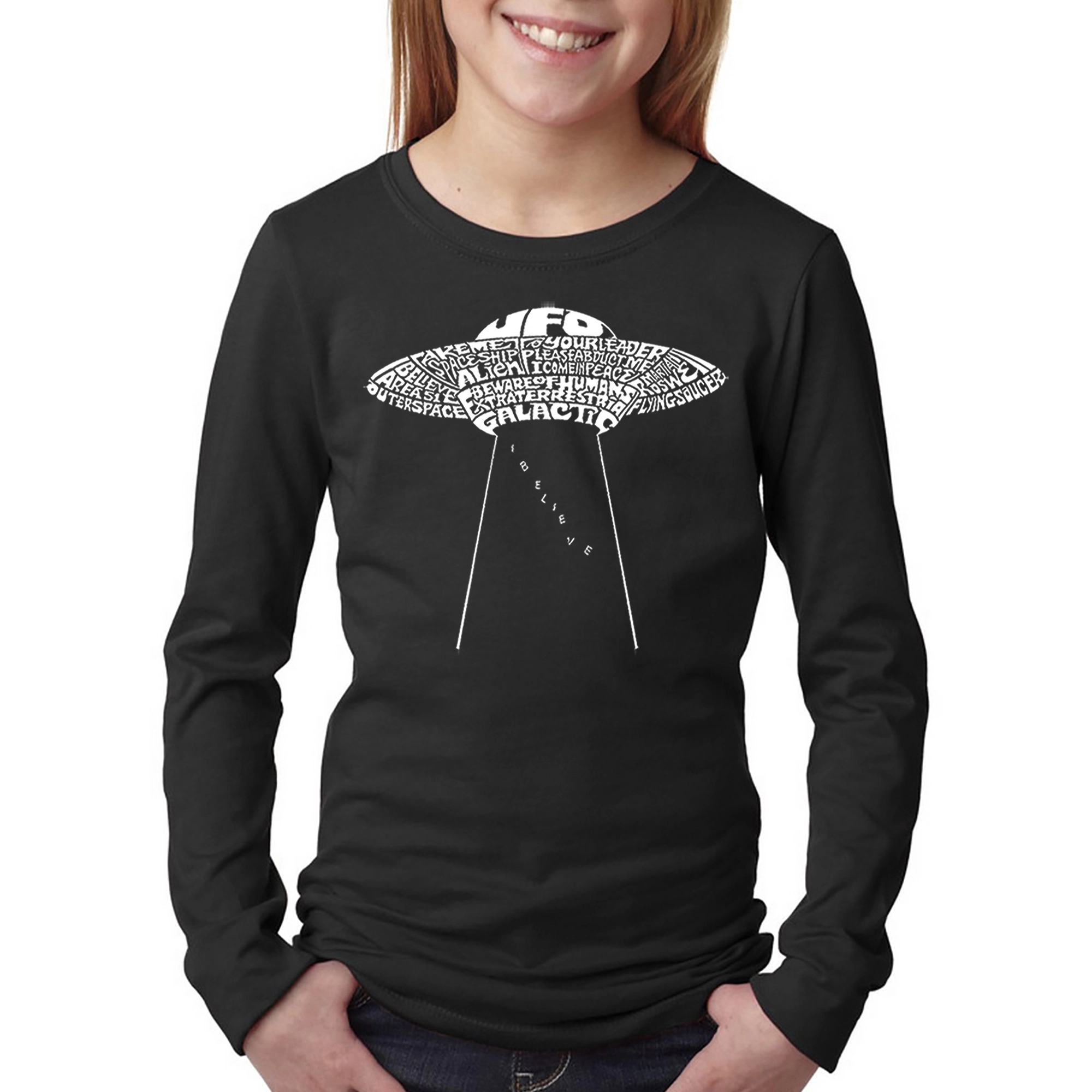 LA Pop Art Girls Long Sleeve Word T-Shirt - Flying Saucer UFO