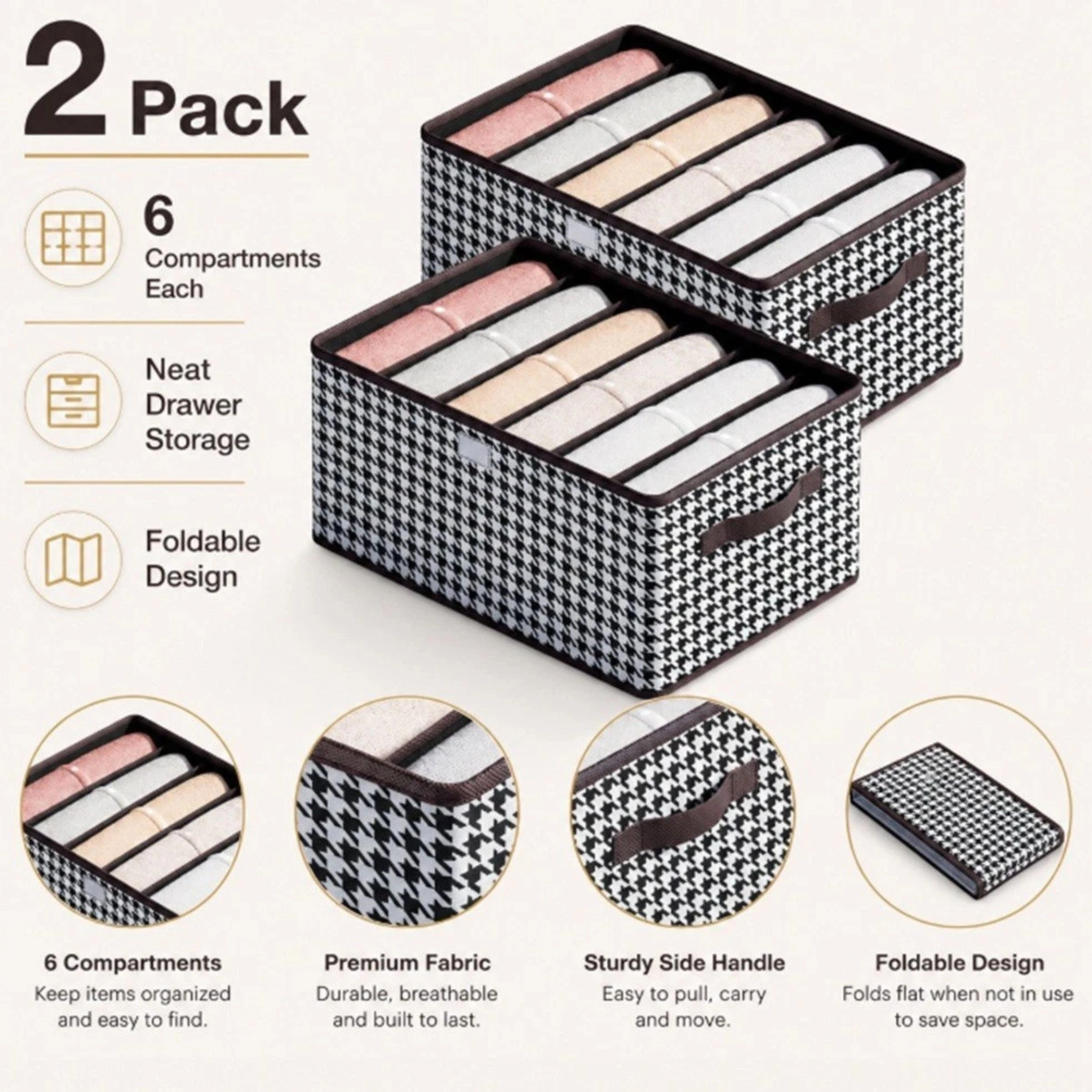 Home Collection Pack of 2, 6-Grid Closet Organizer Bins Clothes Storage Boxes