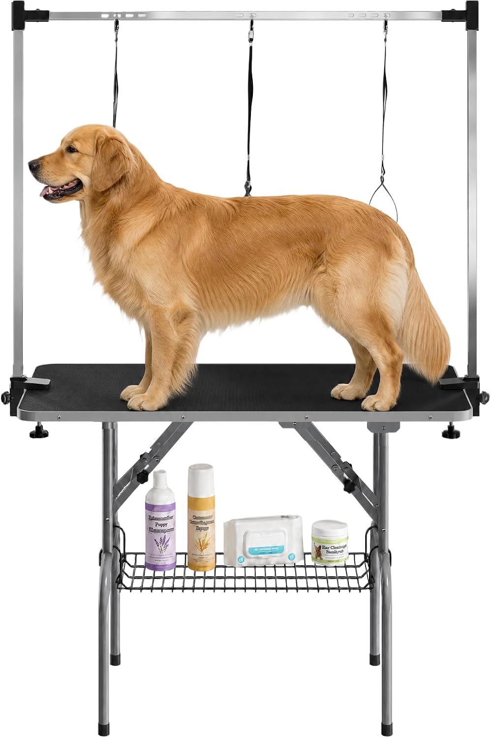 42" Foldable Dog Grooming Table, 350 lb Capacity, Adjustable H-Arm, Non-Slip Top, Mesh Basket