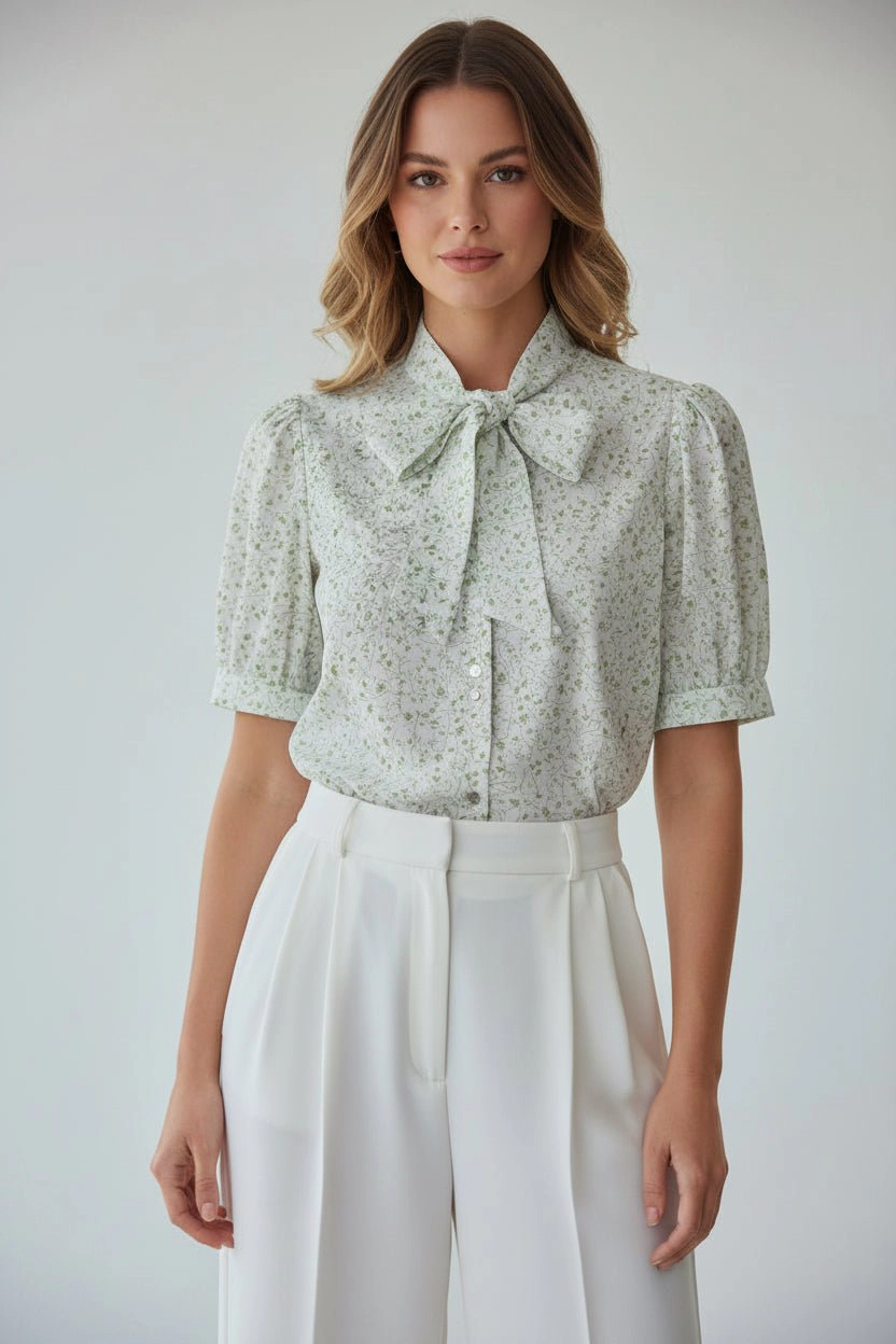 DressAtR Women's Tie Neck Button Front Elbow Sleeve White and Green Blouse