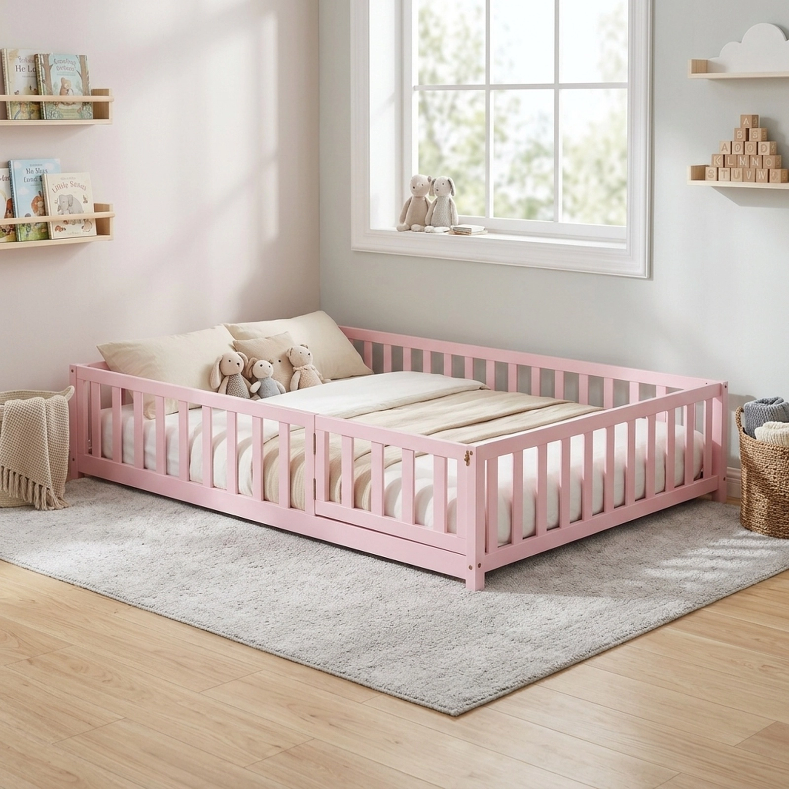 SUGIFT Full Montessori Floor Bed, Full-Length Rails, Latching Door, Pink Pine Frame