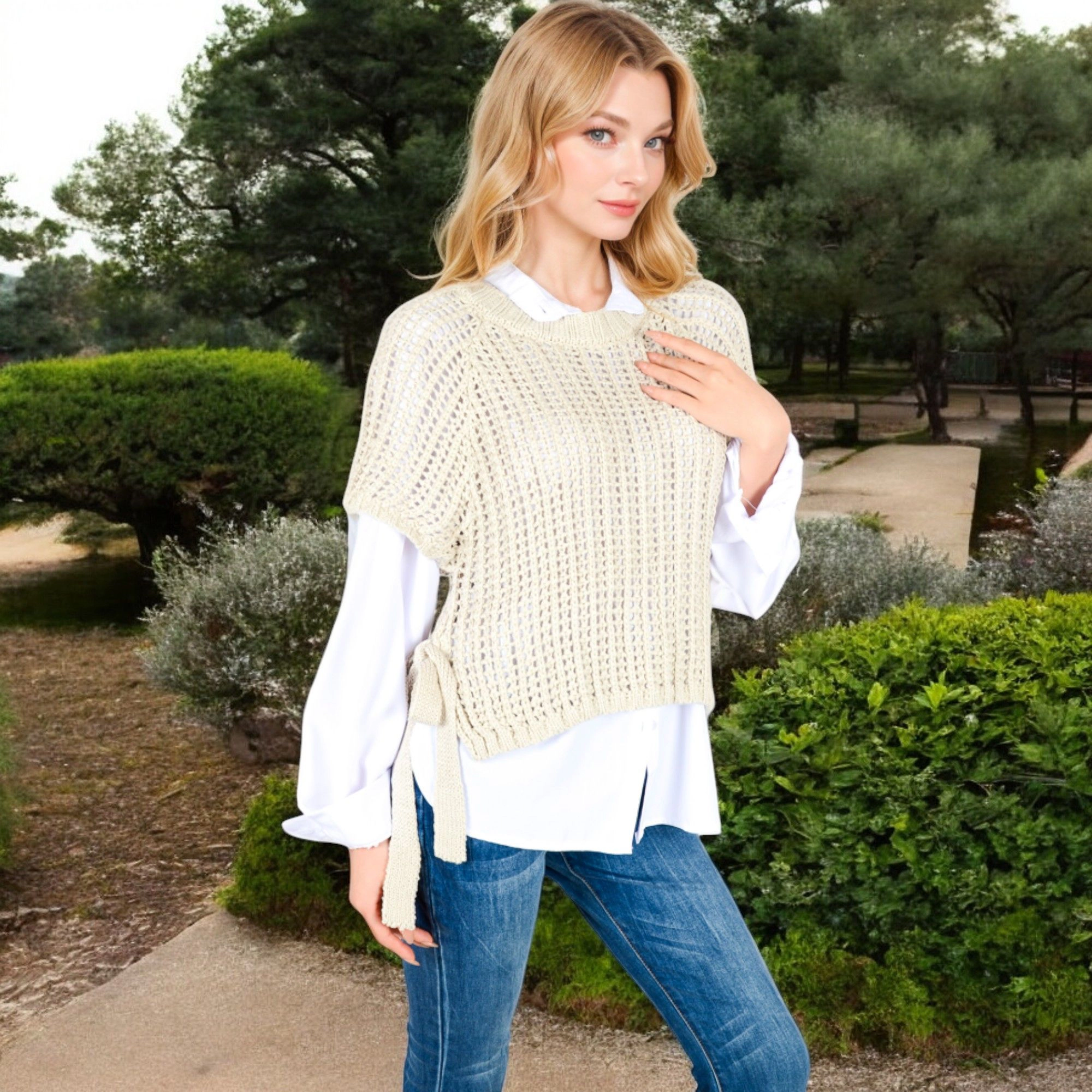 Anna-Kaci Women's Open Knit Pullover Sweater Vest with Cap Sleeves