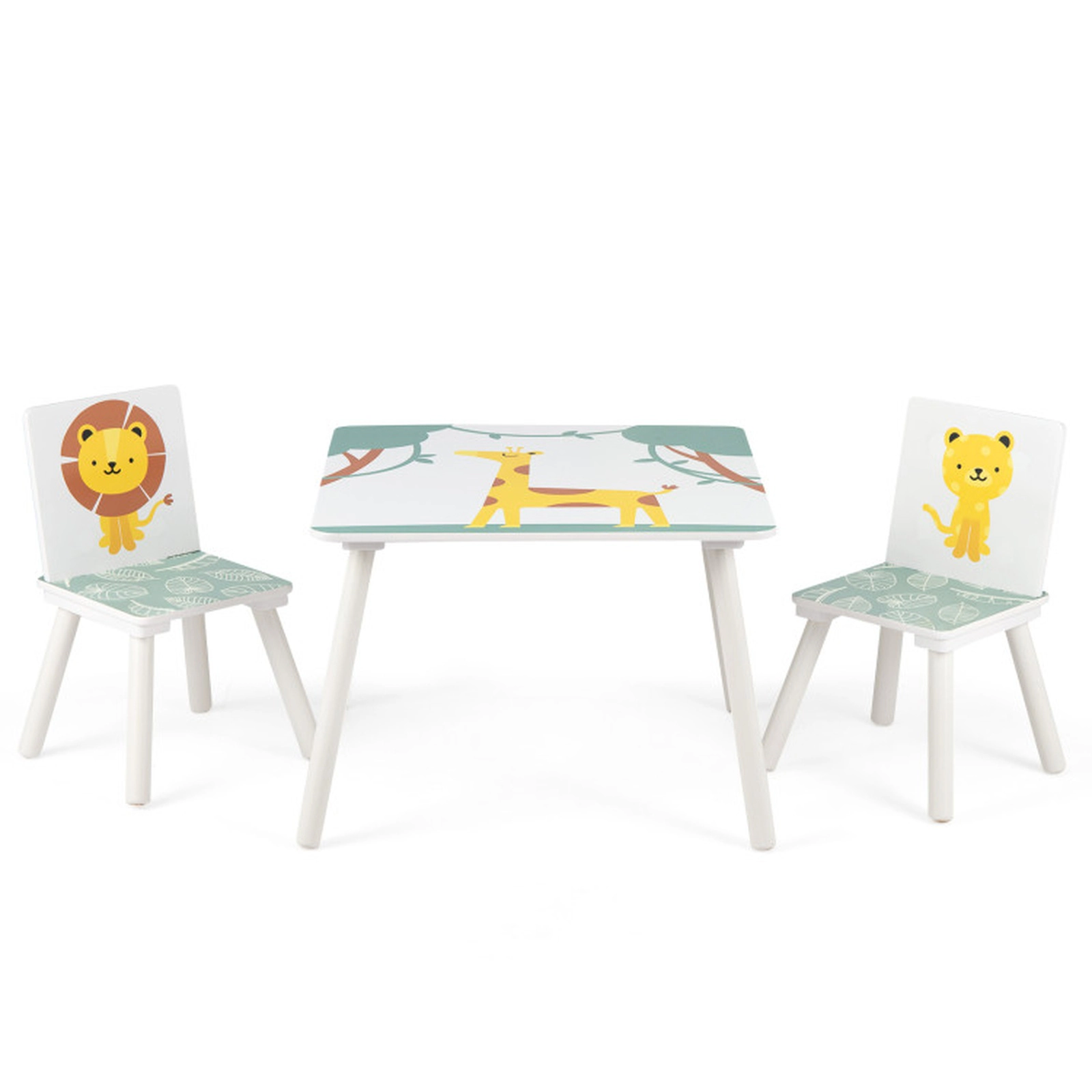 SUGIFT White Animal Patterns for Ages 3-6 3-Piece Kids Wooden Table and Chairs Set