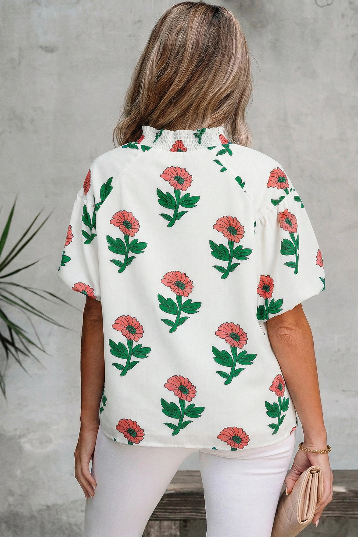 Threaded Pear Briar Shirred Short Sleeve Blouse - Floral Print, 100% Polyester