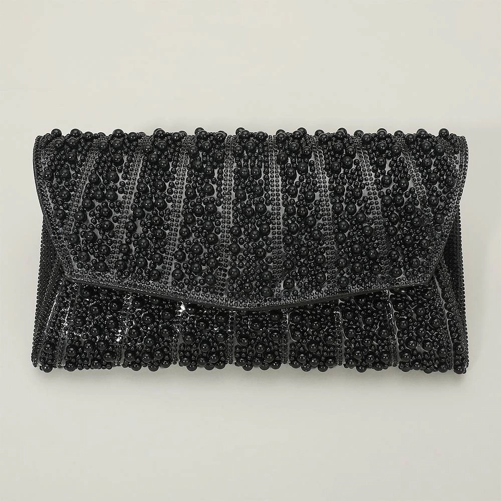 FASHNZFAB Pearl Stone Bling Embellished Flap Evening Clutch Bag