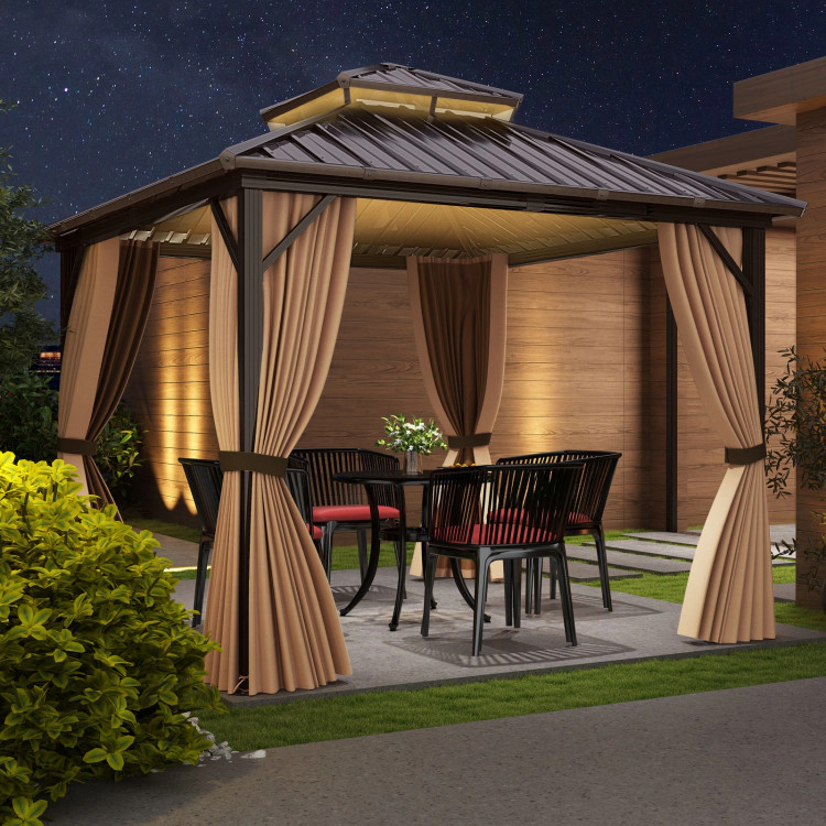 Hivvago Hardtop Gazebo with Netting and Curtain and Double-Roof Galvanized Metal Top