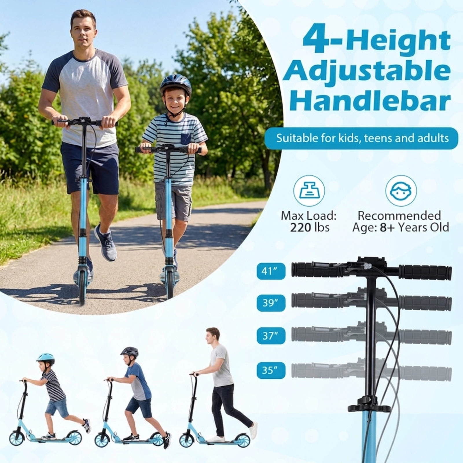SUGIFT Blue Foldable Kick Scooter, 220-lb Capacity, Front Suspension, Hand Brake and Light-Up Wheels