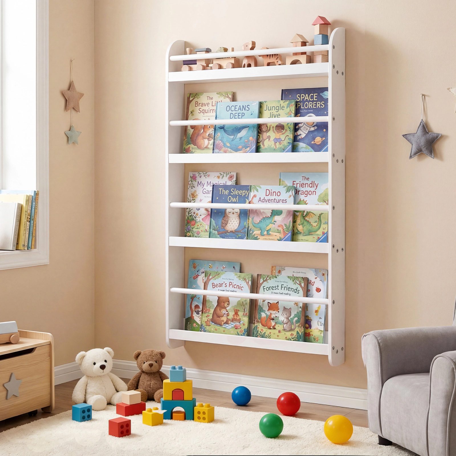 Costway Kids Bookshelf, 4-Tier Wall Mounted Book Shelf for Toys, Books, Hanging Bookcase White