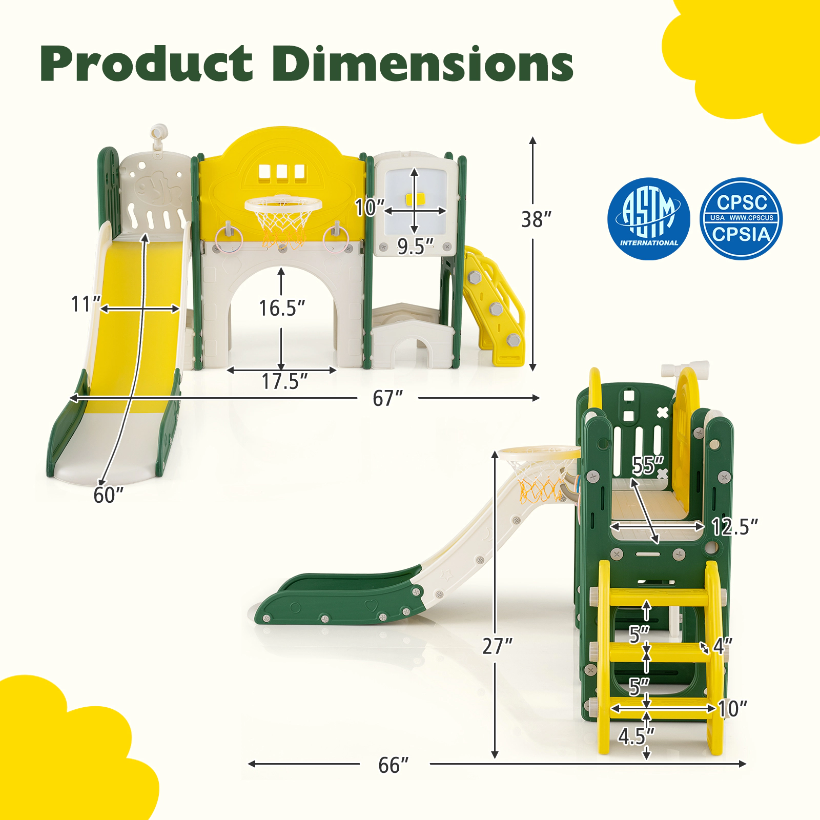 SUGIFT Yellow Whiteboard 10-in-1 Toddler Slide and Climber Playset Indoor Playground