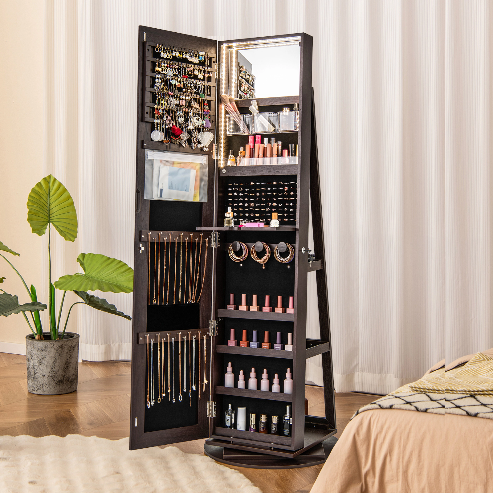 SUGIFT 360 Degree Rotating Jewelry Armoire Lockable Cabinet with LED Lights and Mirror