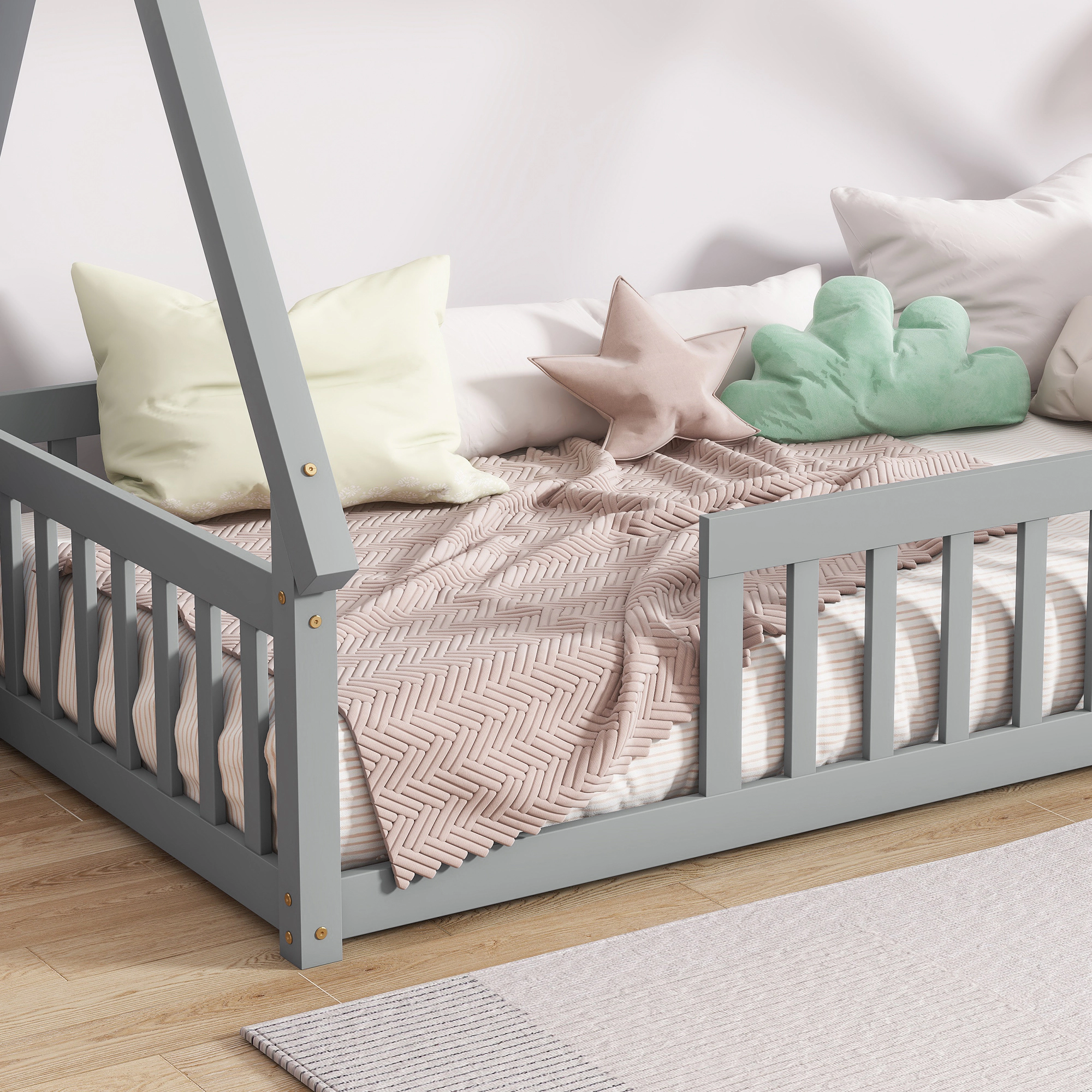 Tinyhomie Twin Tentshaped Floor Bed Teepee with Guardrails Slats Grey