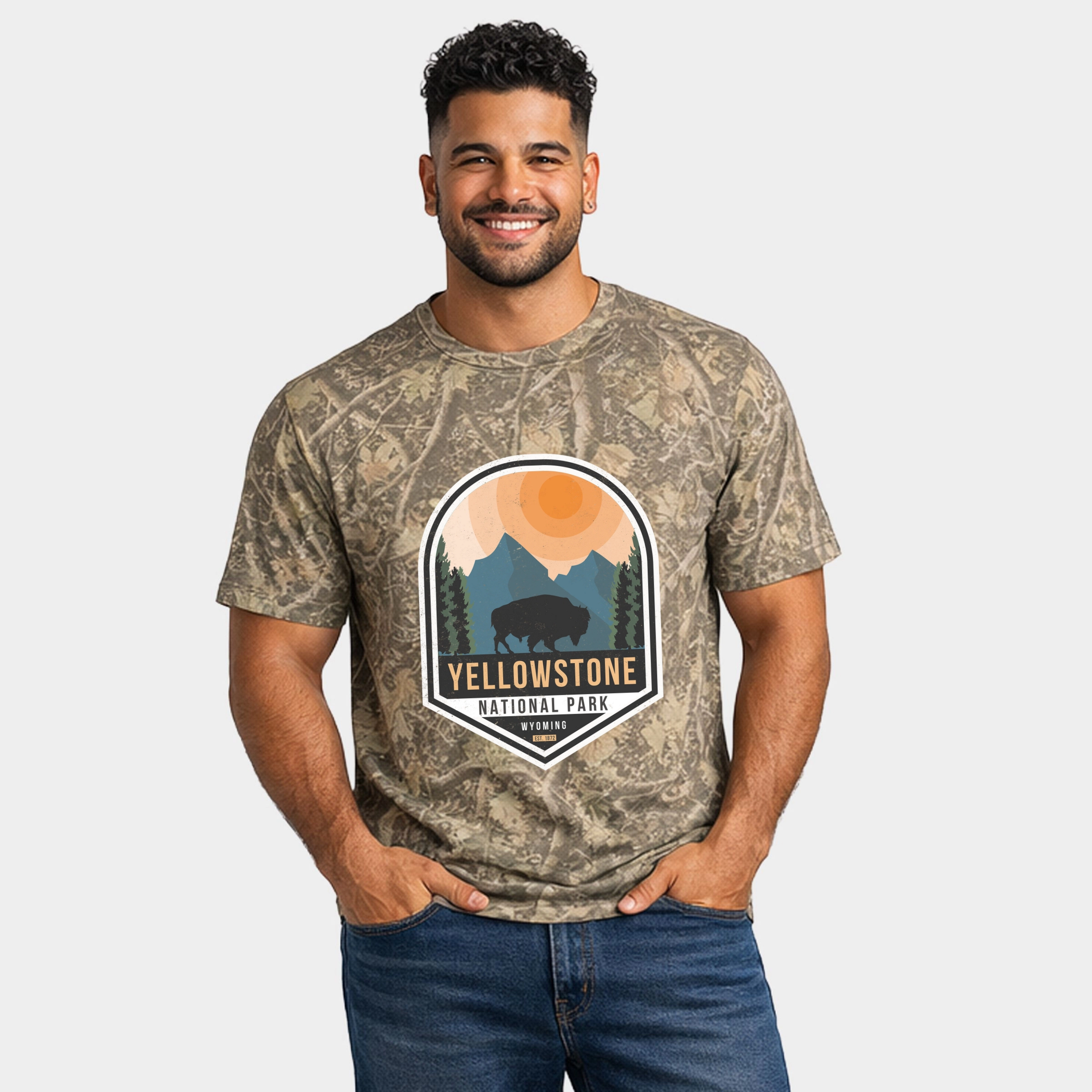 Simply Sage Market - Men's Heavyweight Camo Tee Yellowstone National Park Badge