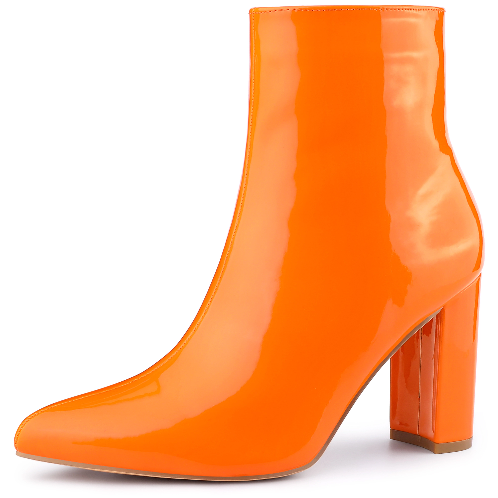 BLISSFUL STEP Women Faux Leather Chunky Heel Pointed Toe Side Zip Ankle Boots
