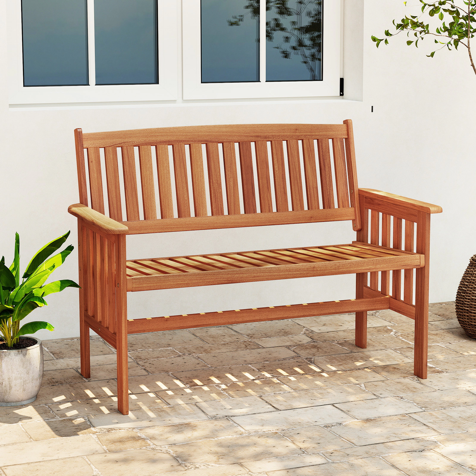 LJG Outdoor Wood Garden Bench 2-Person Patio Park Bench with Backrest Armrests and Slatted Seat
