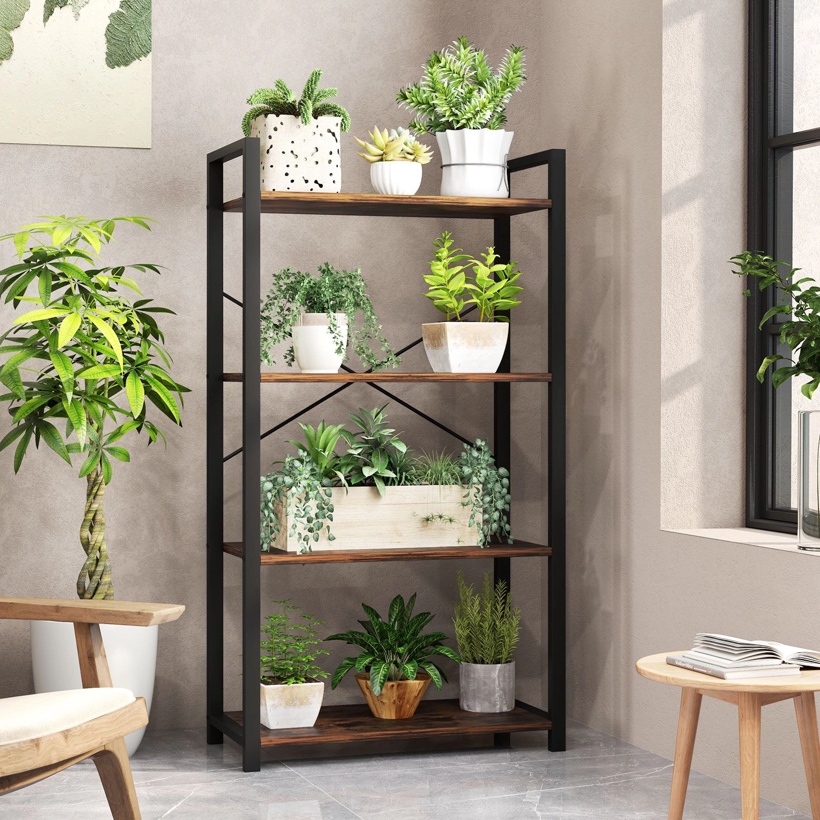 SlickBlue 4 Tier Bookshelf with Metal Frame and Rustic Wood Shelves