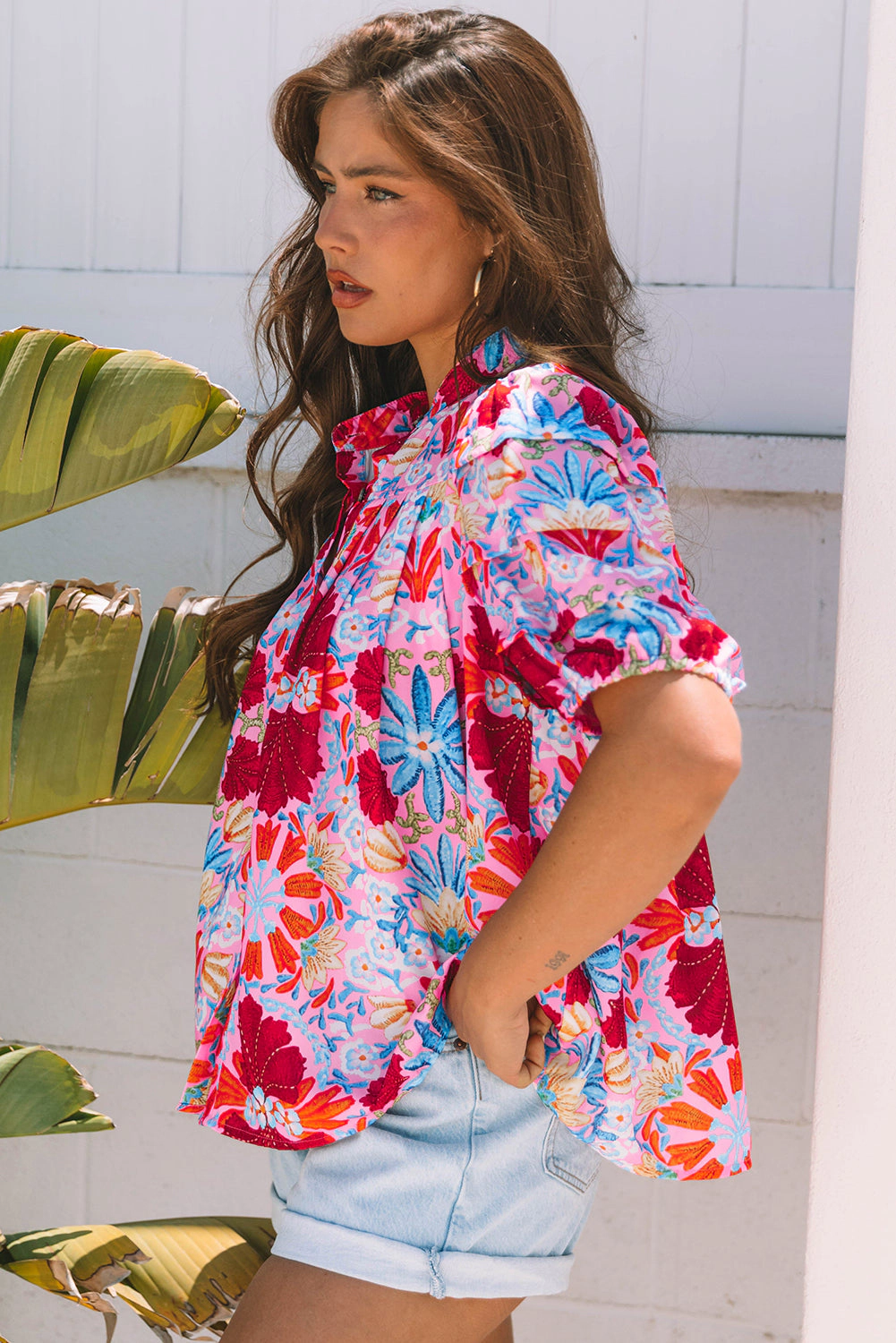 Threaded Pear Women's Mikaela Floral Bubble Sleeve Button Up Pleated Shirt
