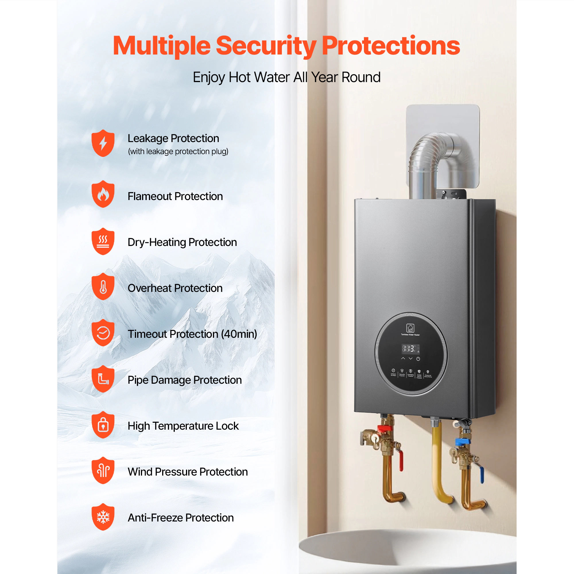 HONGGE Tankless Water Heater Instant Hot Water Heater Smart Temperature Control & Multiple Security Protections for