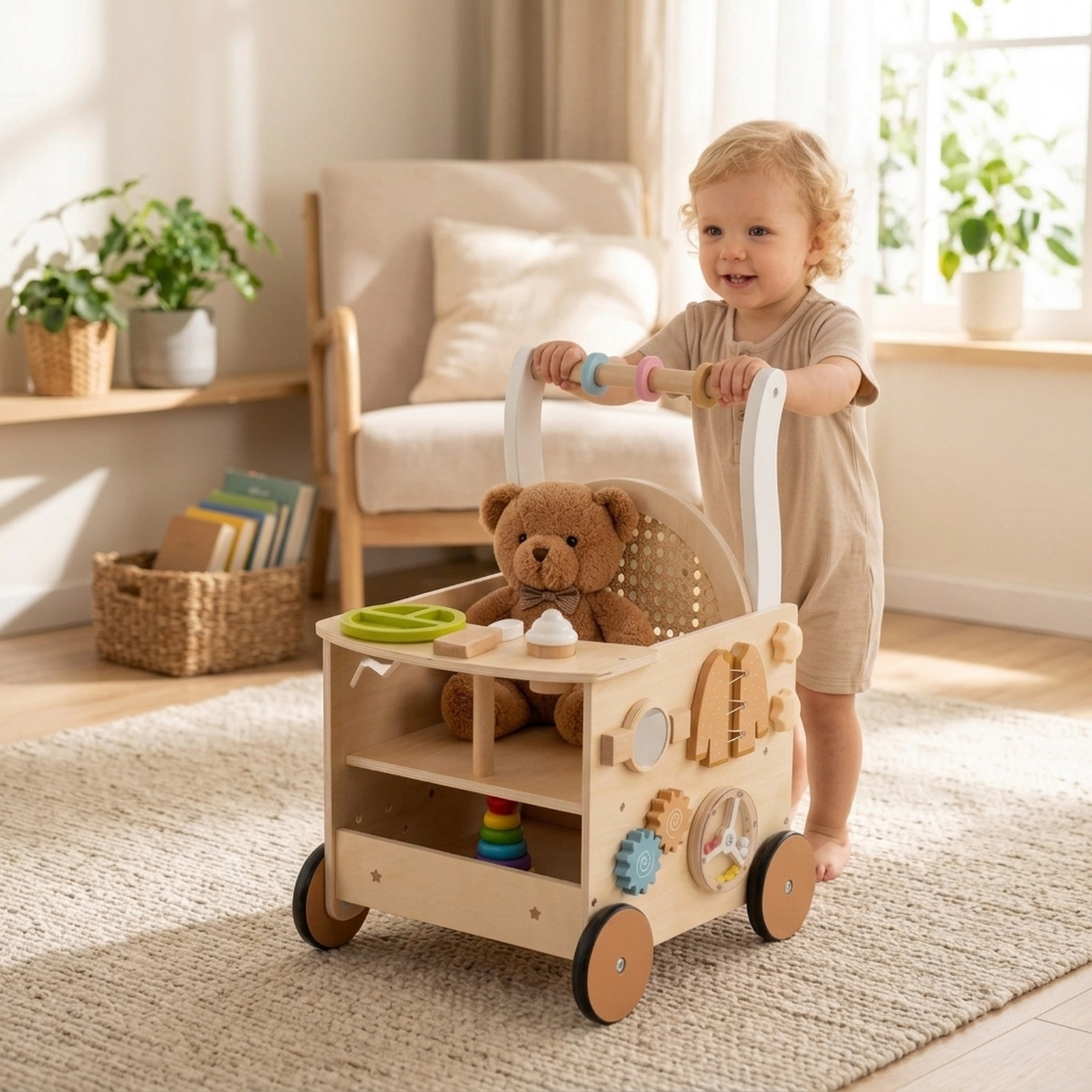 13-in-1 Toddler Wooden Push Walker with Doll Seat Pretend Ice Cream Set Bead Maze Turntable Mirror Natural