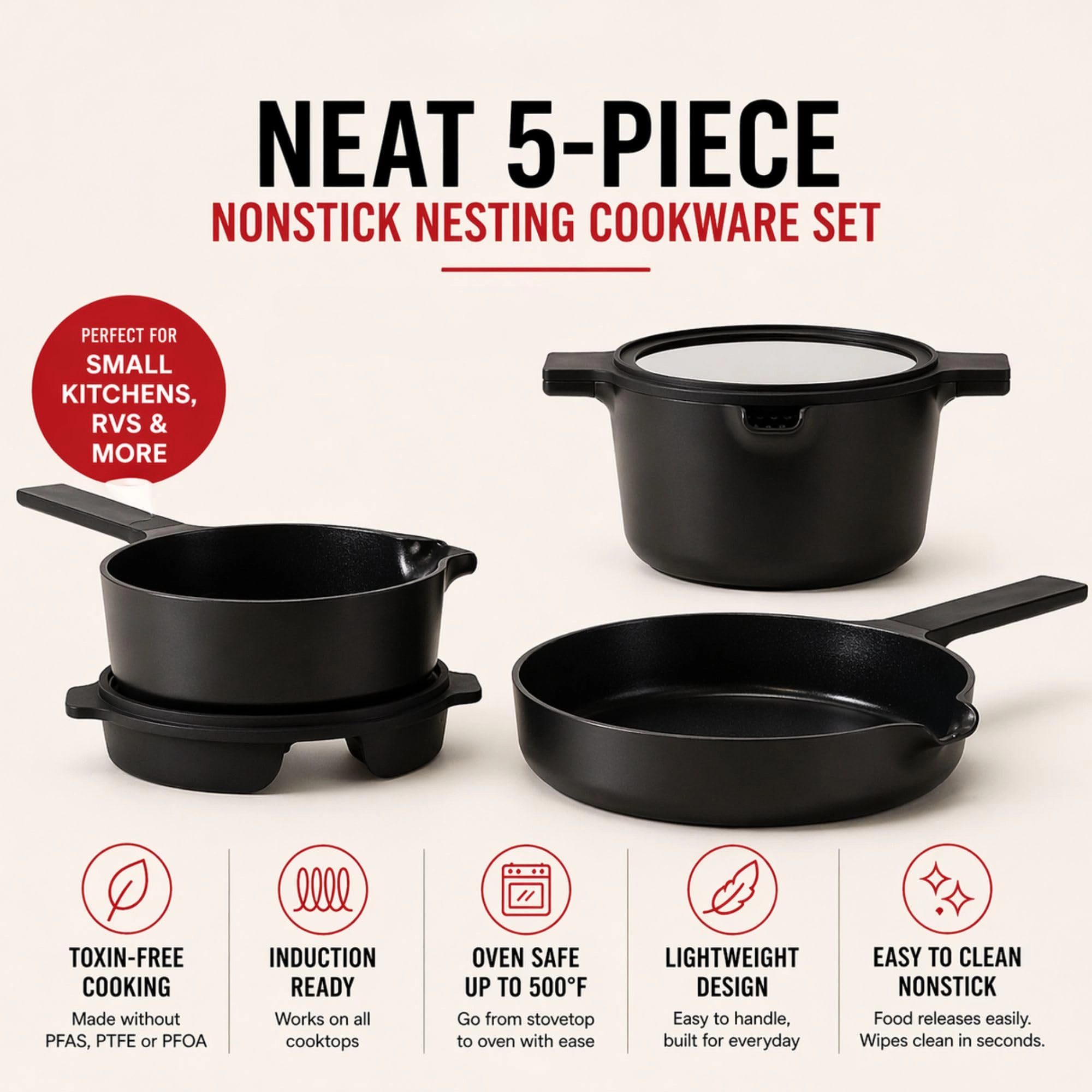 Alva Neat 5-Piece Ceramic Coated Aluminum Nonstick Cookware Set, Stackable