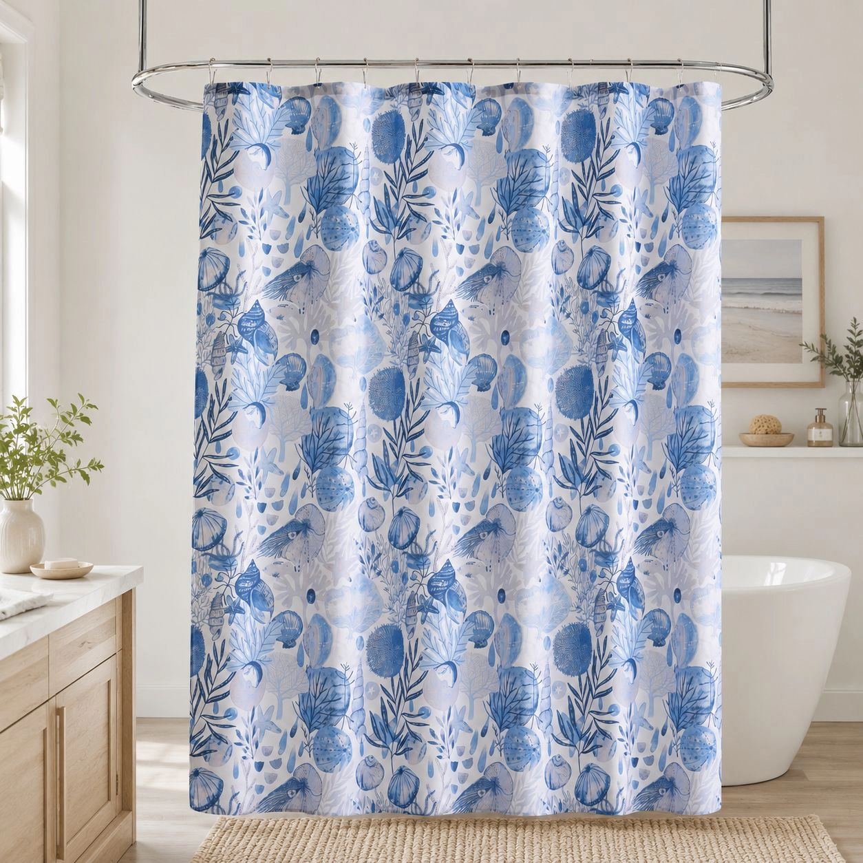 Kate Aurora Nantucket Harbor Blue Coral & Seashells Fabric Shower Curtain