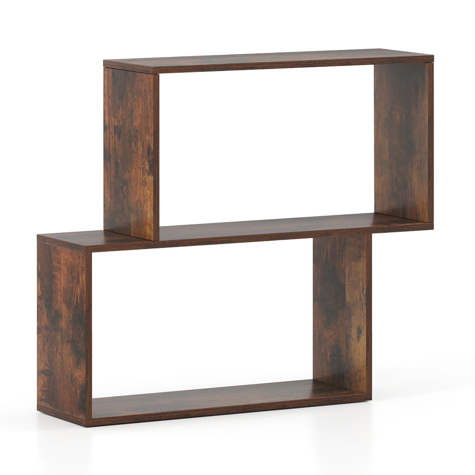 SUGIFT Brown 3-Tier Geometric Bookshelf with 2 Staggered Cubic Compartments