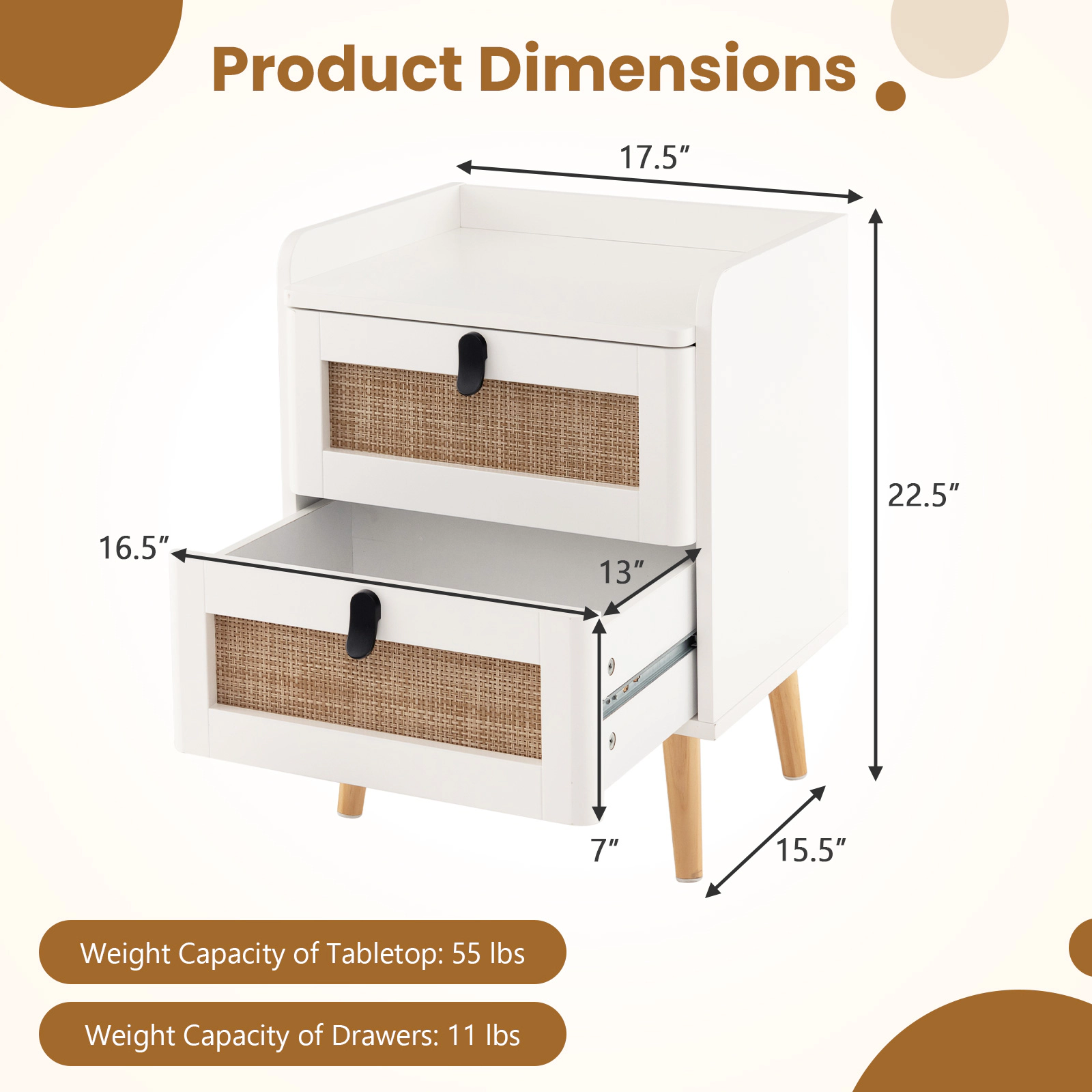 Glintex End Table with 2 Rattan-Decorated Drawers and Raised Edge Tabletop, White