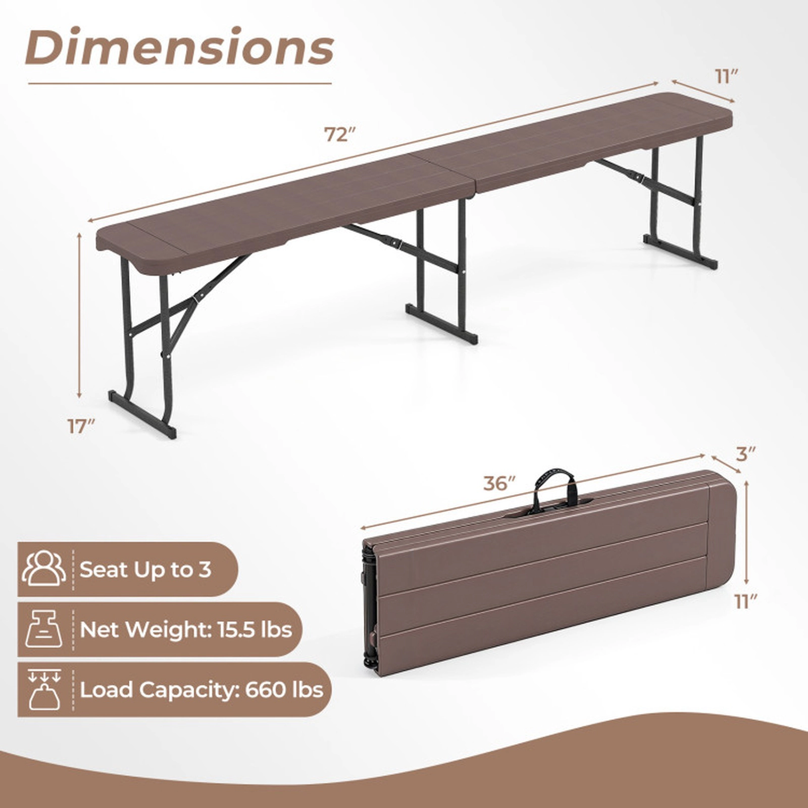 SUGIFT Plastic Folding Bench Picnic Camping Dining Seat 660-lb Capacity Coffee with Carrying Handle