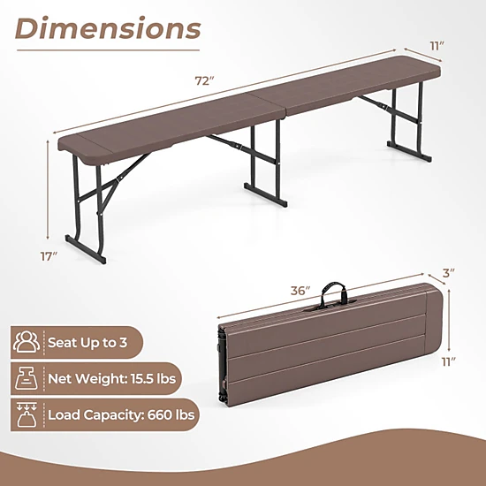 SUGIFT Plastic Folding Bench Picnic Camping Dining Seat 660-lb Capacity Coffee with Carrying Handle