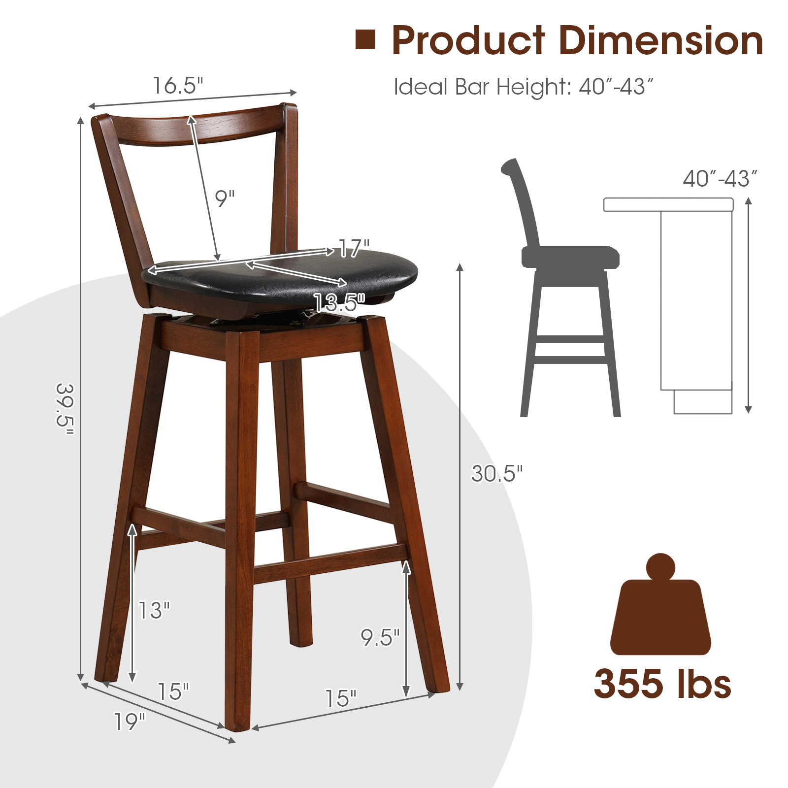 SUGIFT Swivel Upholstered PU Leather Bar Stool with Backrest and Cushioned 30.5-in Seat 335-lb Capacity Walnut and Black