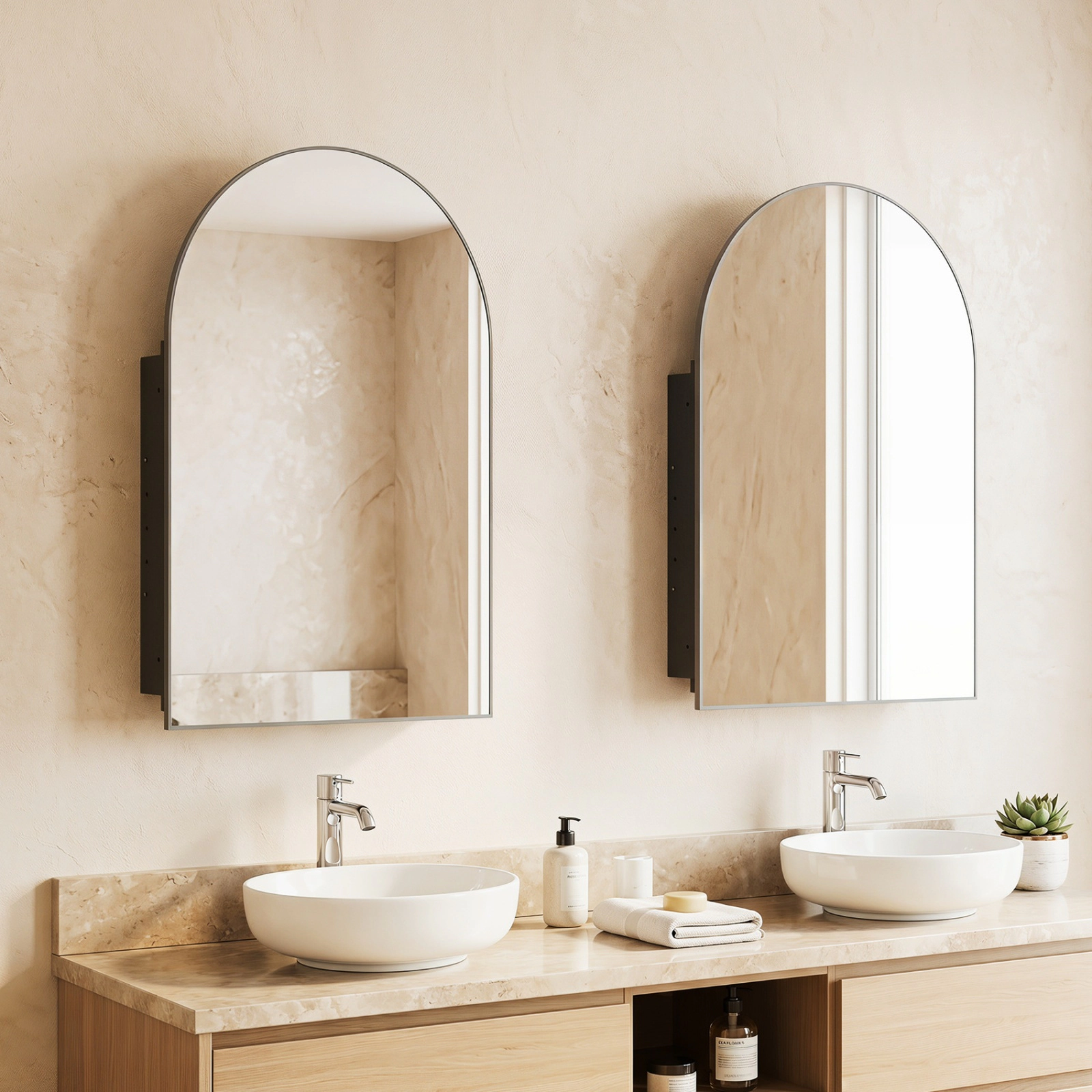 SUGIFT Wall-Mounted Storage Cabinet with Arched Mirror 11-lb Shelf Capacity Black