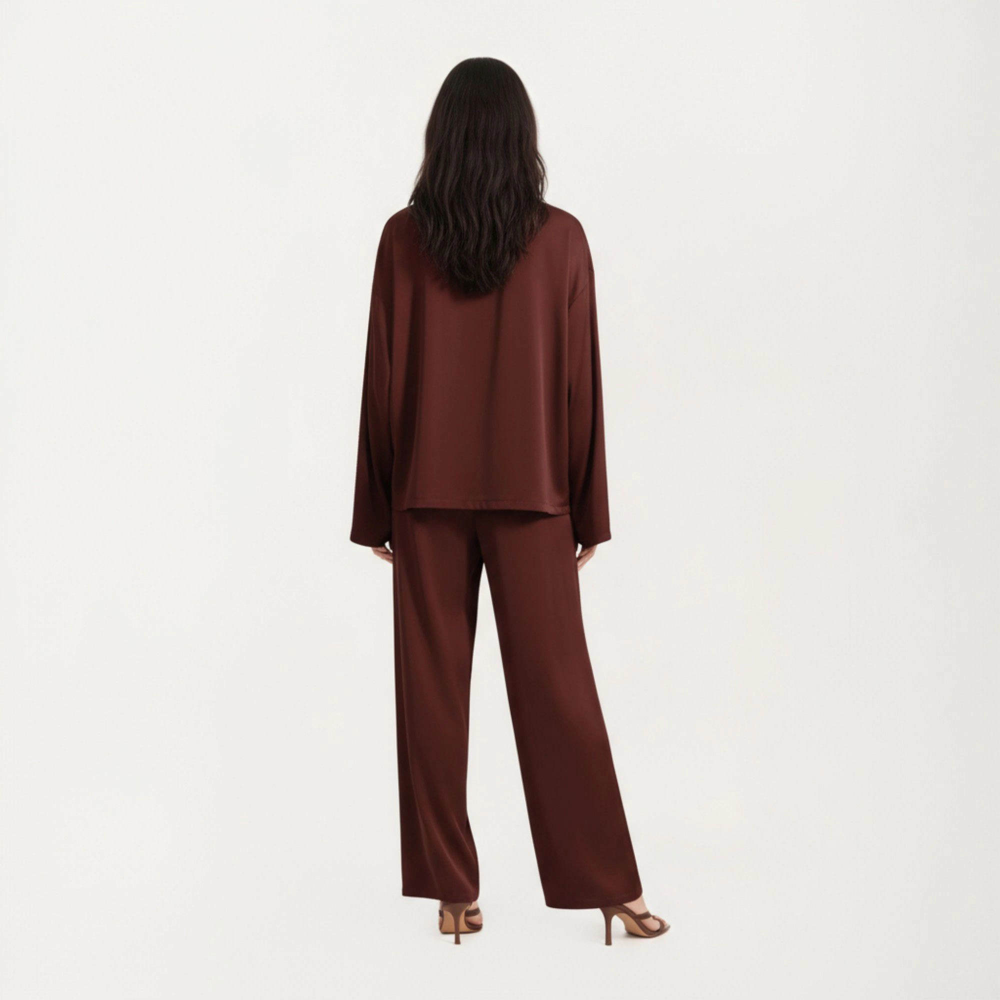 Anna-Kaci Women's 2-Piece Satin Long Sleeve V-Neck Button Front Top and Relaxed Fit Pants