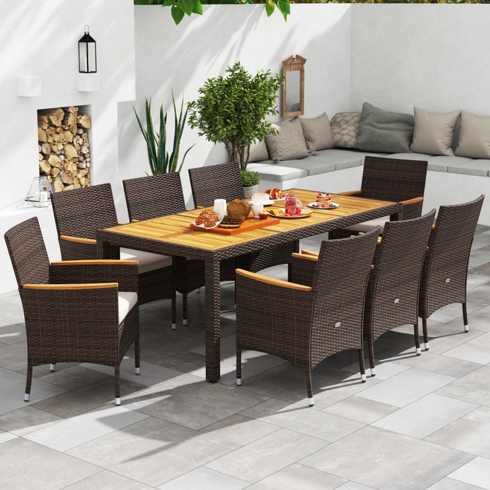 SUGIFT Beige 75 Inch Acacia Wood Table Top and 8 Chairs 9-Piece Outdoor Dining Set