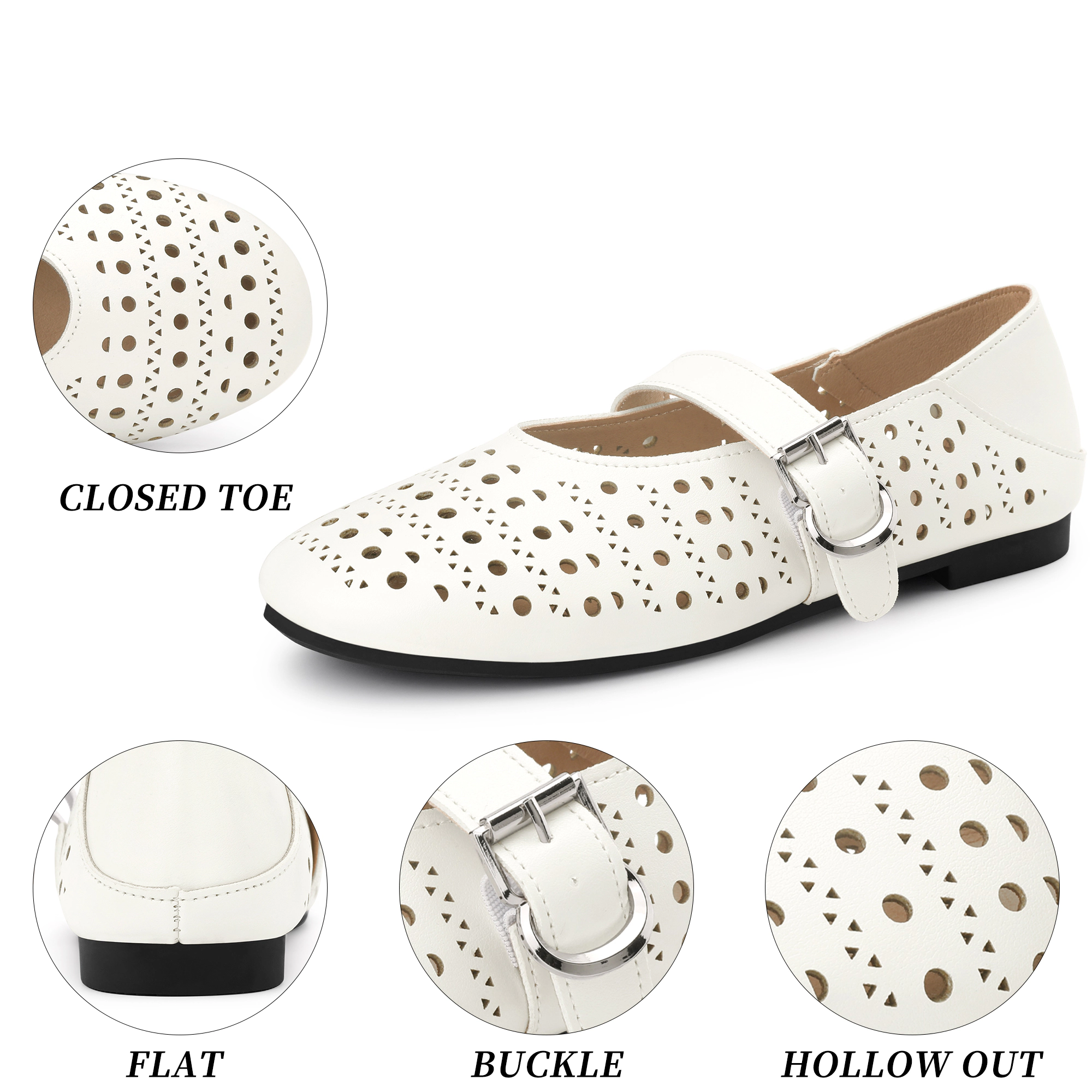 BLISSFUL STEP Women Faux Leather Buckle Round Toe Cutout Slip-on Flats Pumps