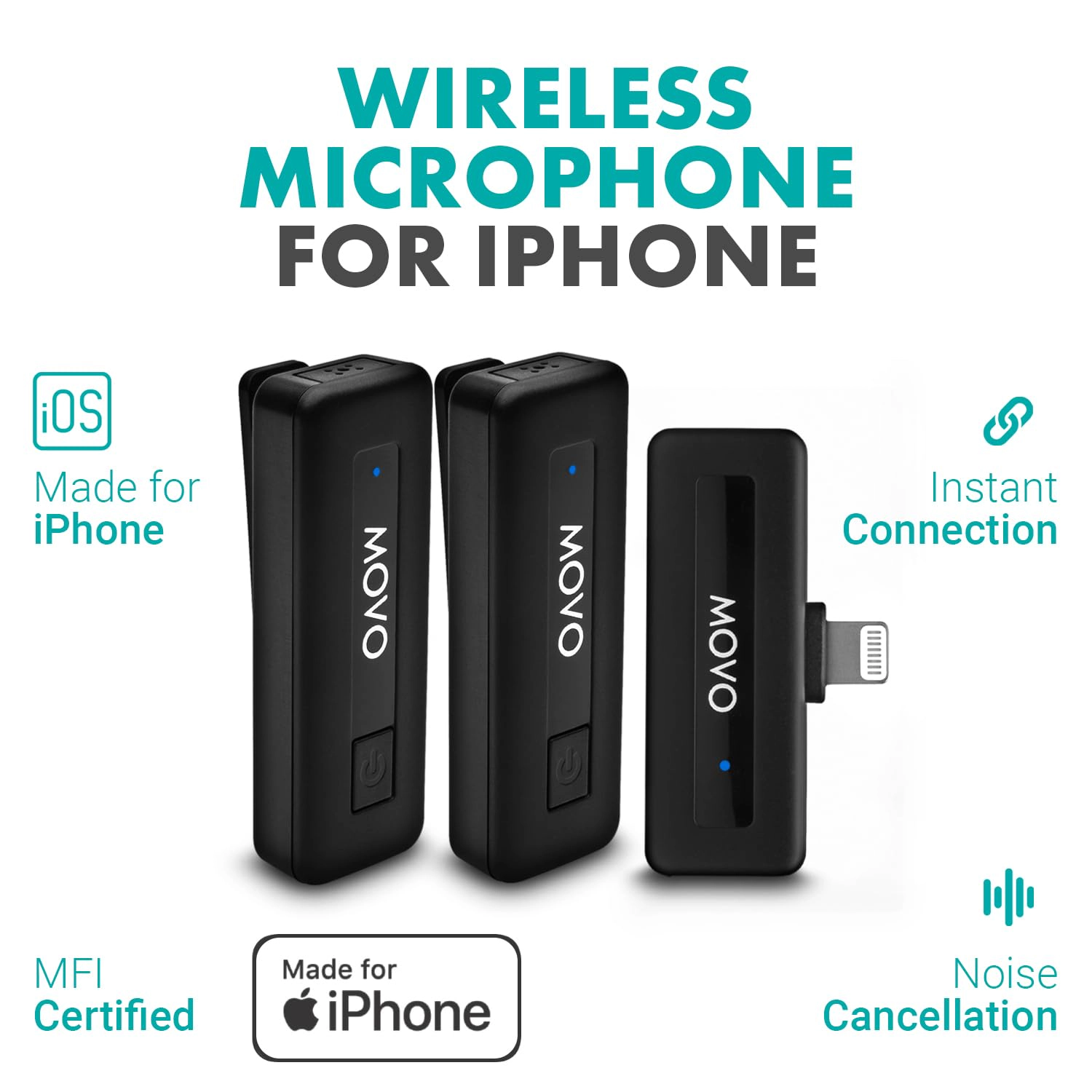 Movo Wireless Mini DI Duo Wireless Microphone - iPhone Video Recording Mic with Lavalier Mic, 10 HR Battery, 164FT Range