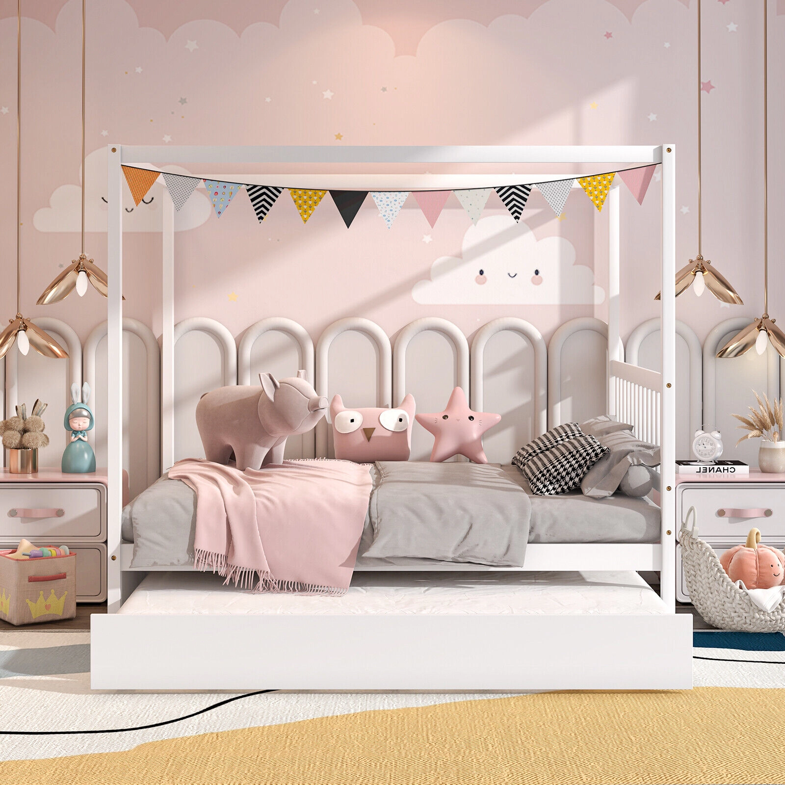 SUGIFT Full Canopy Bed with Rolling Trundle, White Wood Platform Frame
