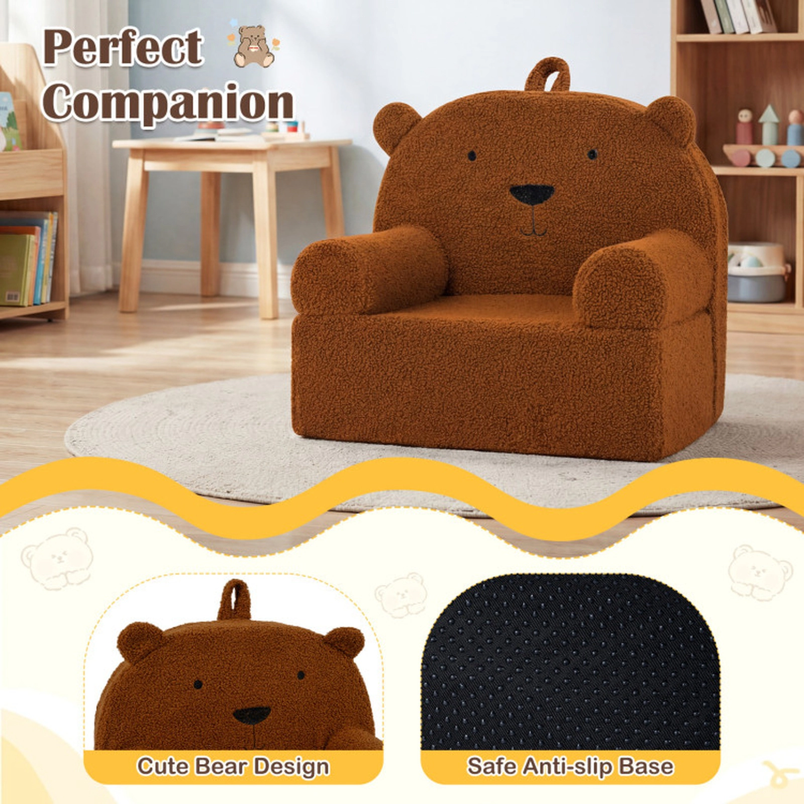 SUGIFT Kids Bear Foam Sofa Toddler Couch Office Chair Teddy Fleece Fabric Cover 20-in Frame Ages 3+ Brown Single Seat