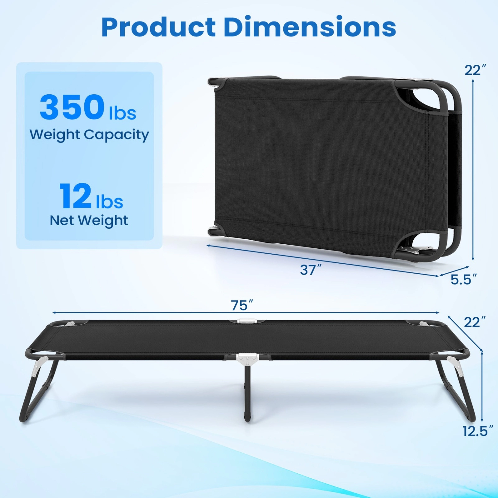 SUGIFT Outdoor Folding Camping Bed Portable Cot 600D Oxford Cloth Iron Frame 330-lb Capacity 75 x 22 x 12-in Black
