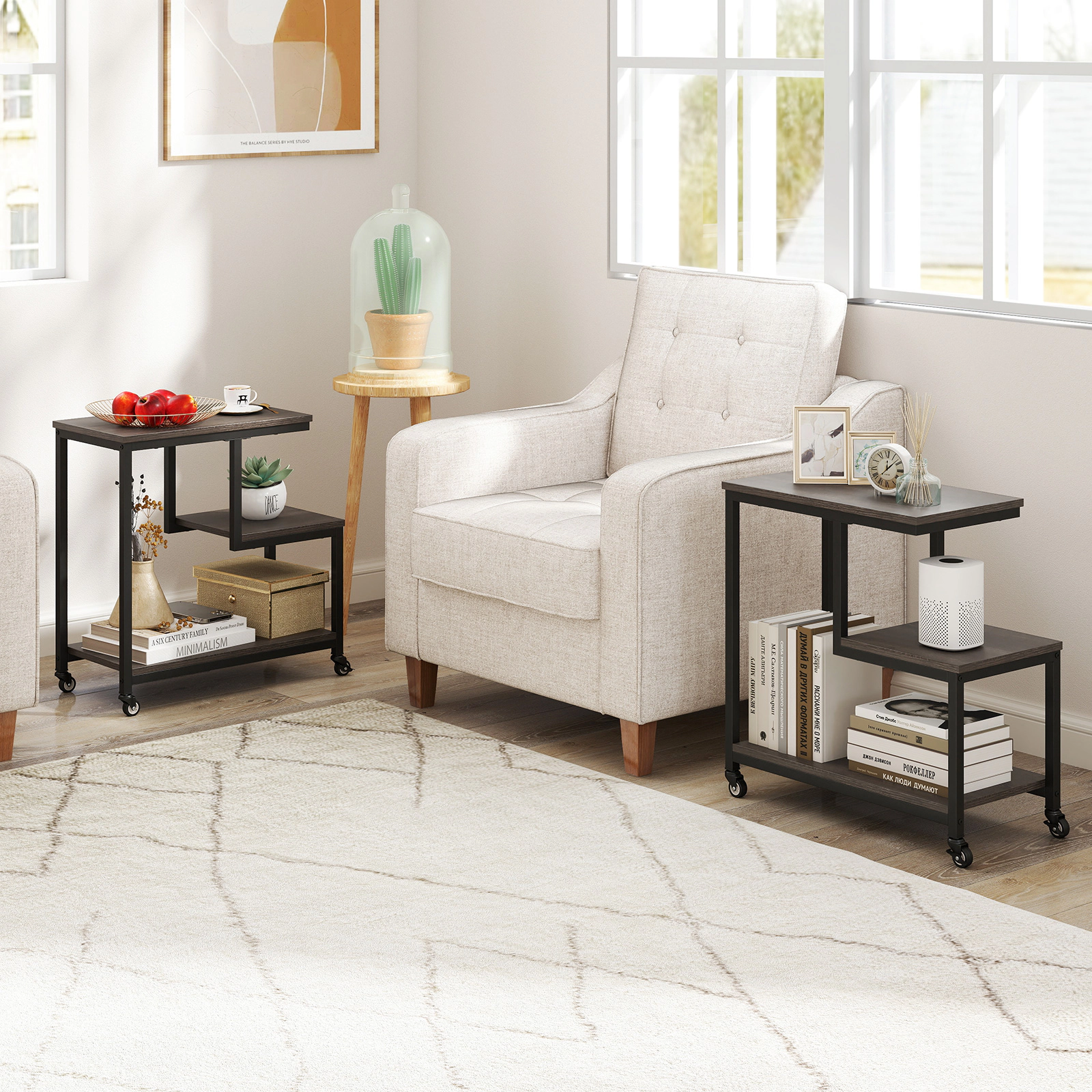 Glintex G-Shaped 3-Tier Mobile End Table with Open Shelves and Braking Casters